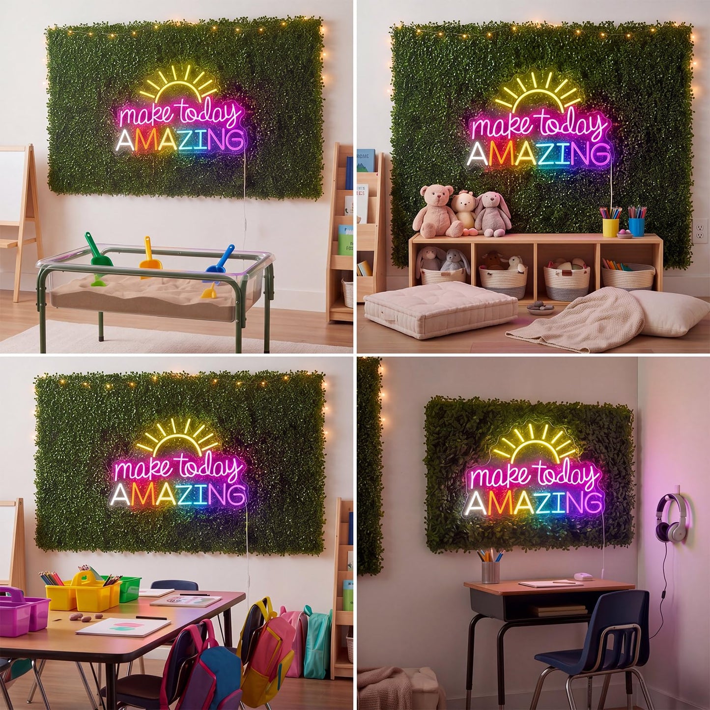 Fumete 13 Pcs Green Reading Corner Classroom Calming Corner Decor 10 x 10" Grass Wall Panels with Make Today Amazing Neon Sign Classroom Greenery Wall Decoration for Home School Party Supplies