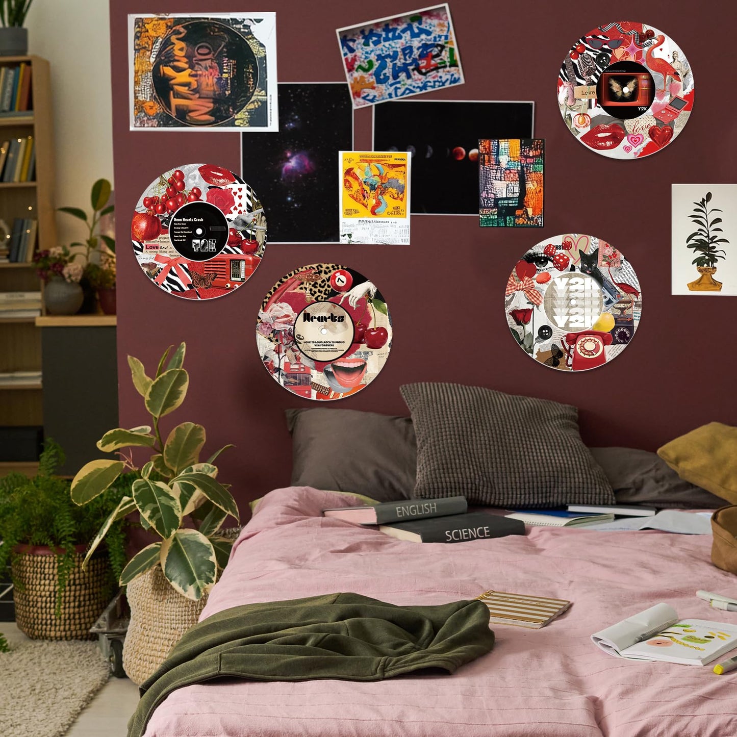DOODLREAM 4PCS Y2K Aesthetic Vinyl Record Wall Decor 12" Hippy Red Retro Wall Art Posters for Room Aesthetic, Collage Art Retro Record Decor for Music Party Studio Living Room DIY Craft Project