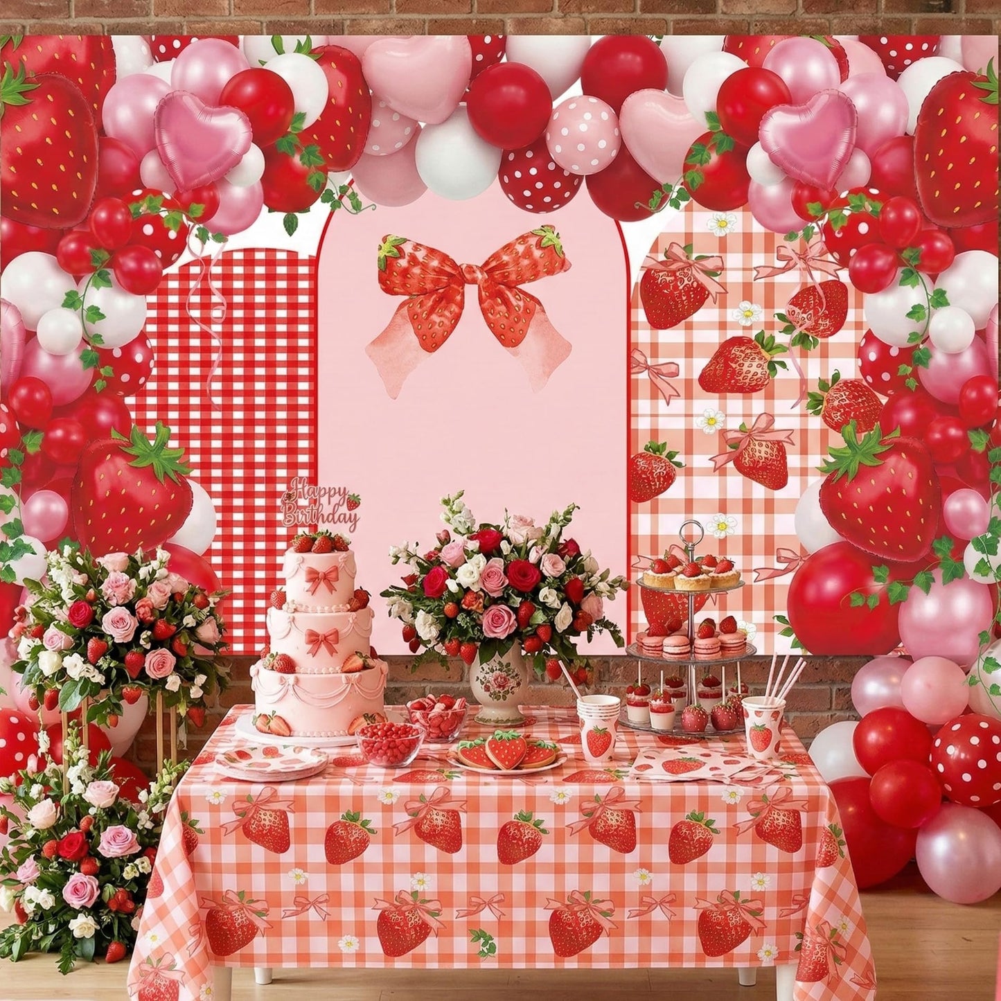 Strawberry Backdrop Berry Birthday Decorations - Strawberry Shortcake Backdrop Cover Pink Red Balloon for Birthday Party Supplies Baby Shower Gender Reveal Wedding Photography Photography 71x43 Inch