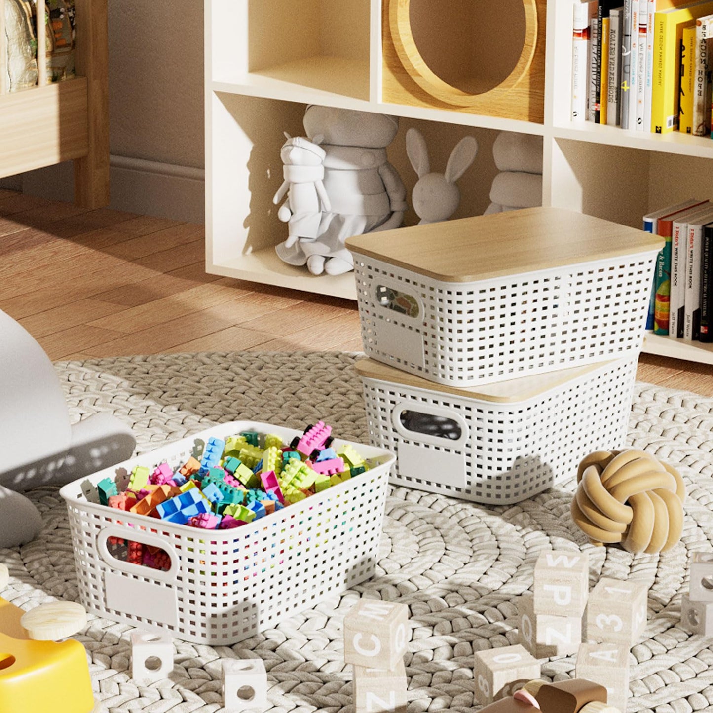 6Pcs Storage Bins with Lids, Stackable Plastic Storage Basket with Bamboo Lid, Pantry Organizer Box Small Containers for Organizing Shelves Drawer Desktop Closet Cabinet Office Classroom 10x7.1x4.1in
