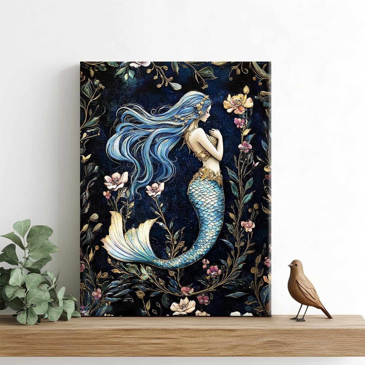 Mermaid Wall Art, Floral Pictures Wall Decor, Retro Mermaid Canvas Prints Painting, Framed Artwork for Bathroom Bedroom Living Room Girl's Room Office Home Decoration 12x16