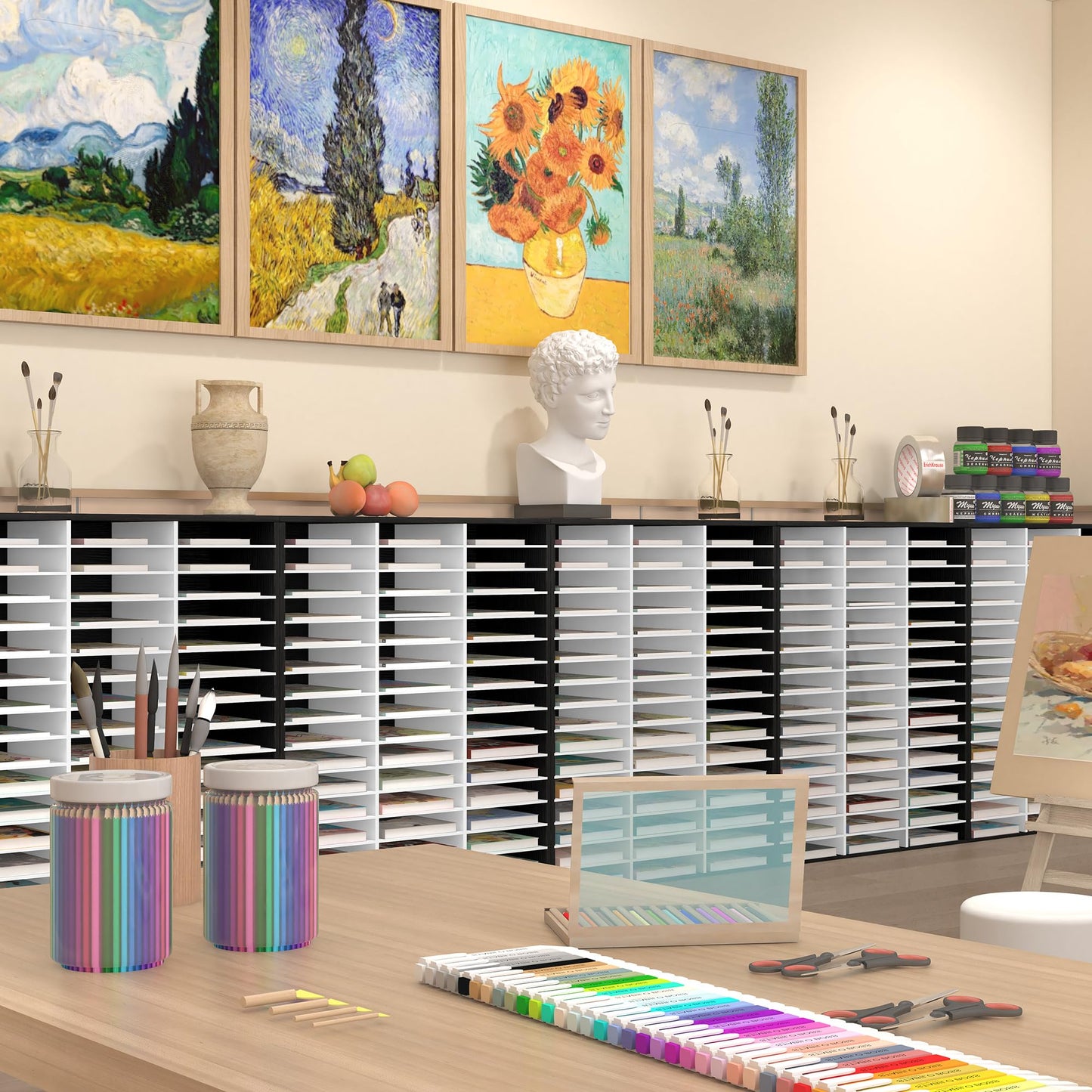 EasyPAG Wooden Literature Organizer with Adjustable Shelves, 48 Compartments Office Paper Organizer Storage 24000 Sheets Letter Size Paper, Student Mailbox for Classroom, Black/White