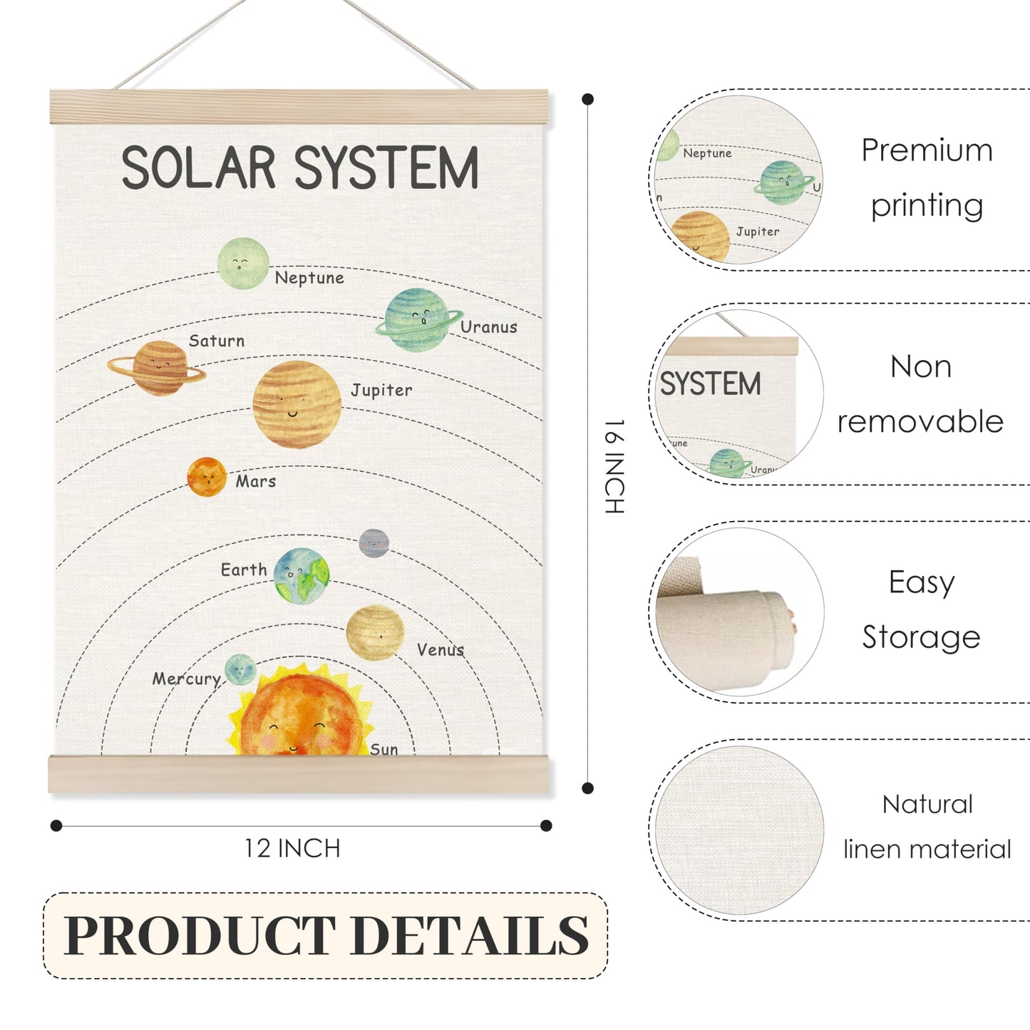 Koesus Solar System Nursery Wall Art Poster Hanger Frame 12x16 Inch, Space Solar Planets Educational Canvas Pictures Prints Framed Wall Decor for Classroom Toddler Kids Nursery Bedroom Playroom