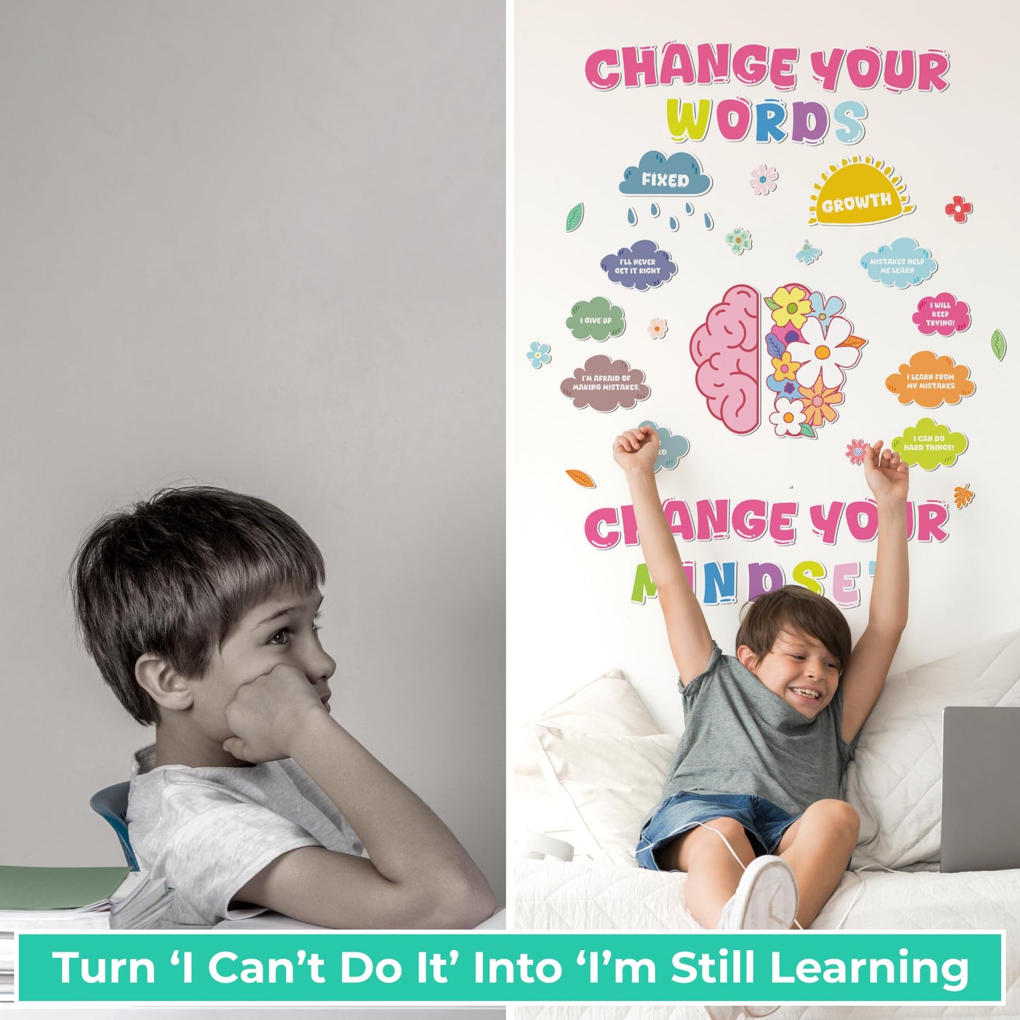 EXCOOL CLUB Growth Mindset Bulletin Board Set - Change Your Words Change Your Mindset Teacher Bulletin Board Decorations For Classroom Decor, Positive Affirmations Wall Decor Growth Mindsets Posters