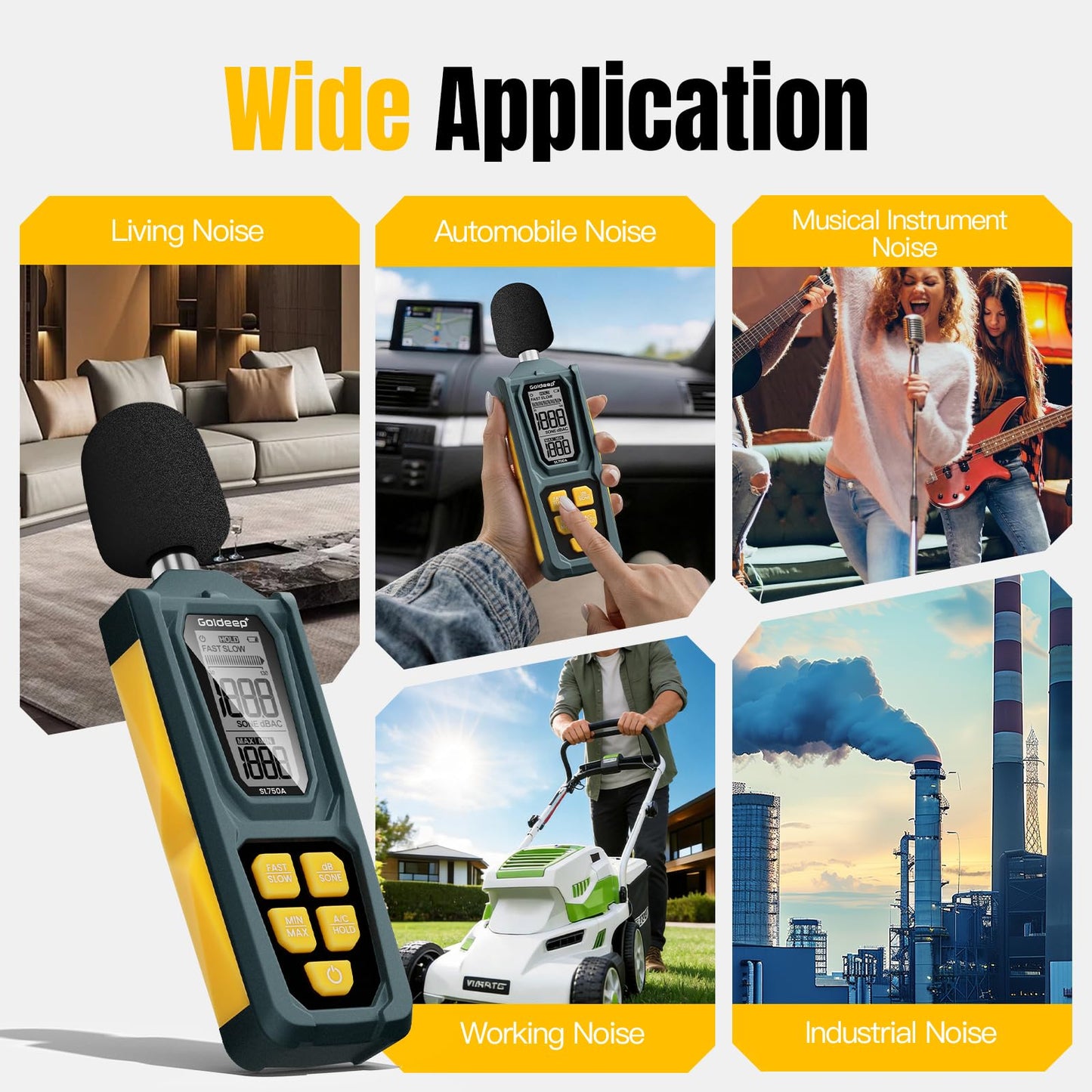 Decibel Meter, Goldeep SL750A Digital Sound Level Meter 30-130dB, A/C Weighted DB Meter with dB/SONE, Fast/Slow, MAX/MIN, LCD Sound Meter for Home, Office, Factory, Neighbor Noise - Lemon Yellow
