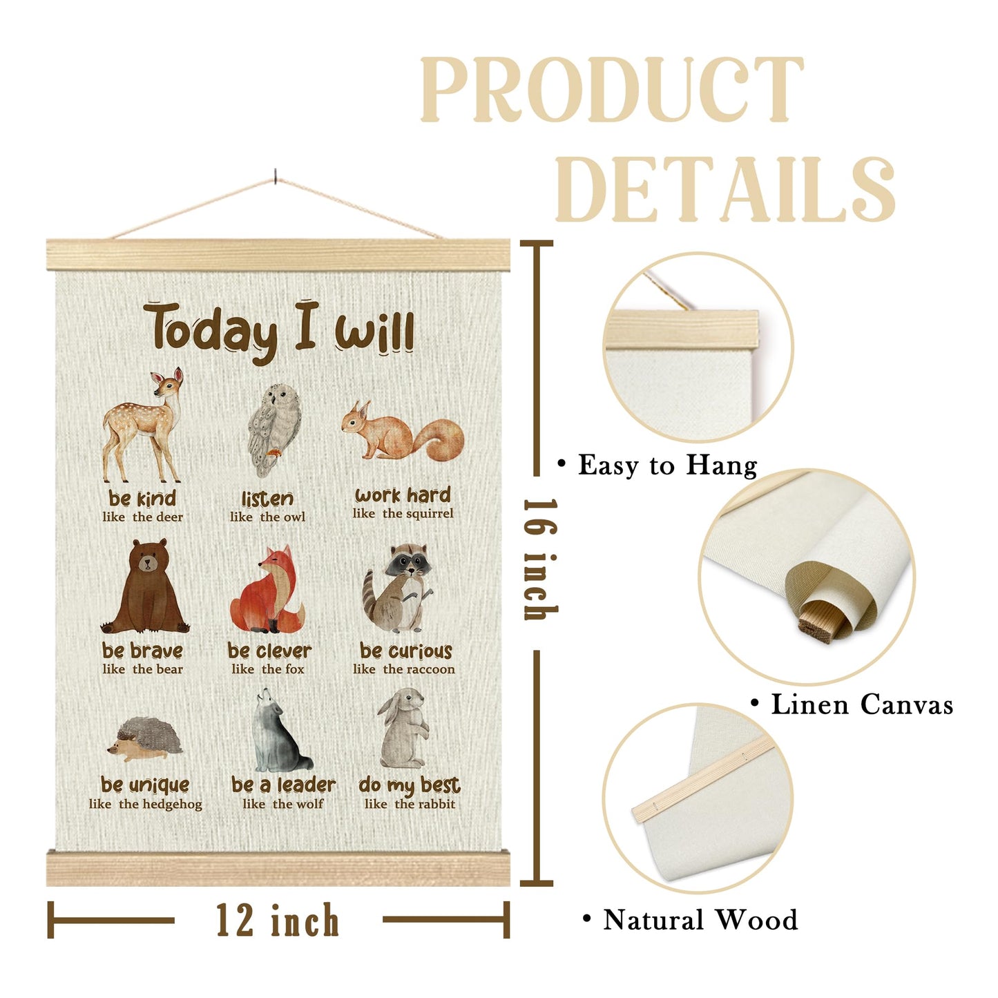 BCUANGD Positive Affirmations Wall Decor - Inspirational Woodland Animals Wall Art Poster Hanger with Wood Frames, Neutral Mental Health Wall Hanging Canvas Decor for Home Kids Room, 12x16 Inches