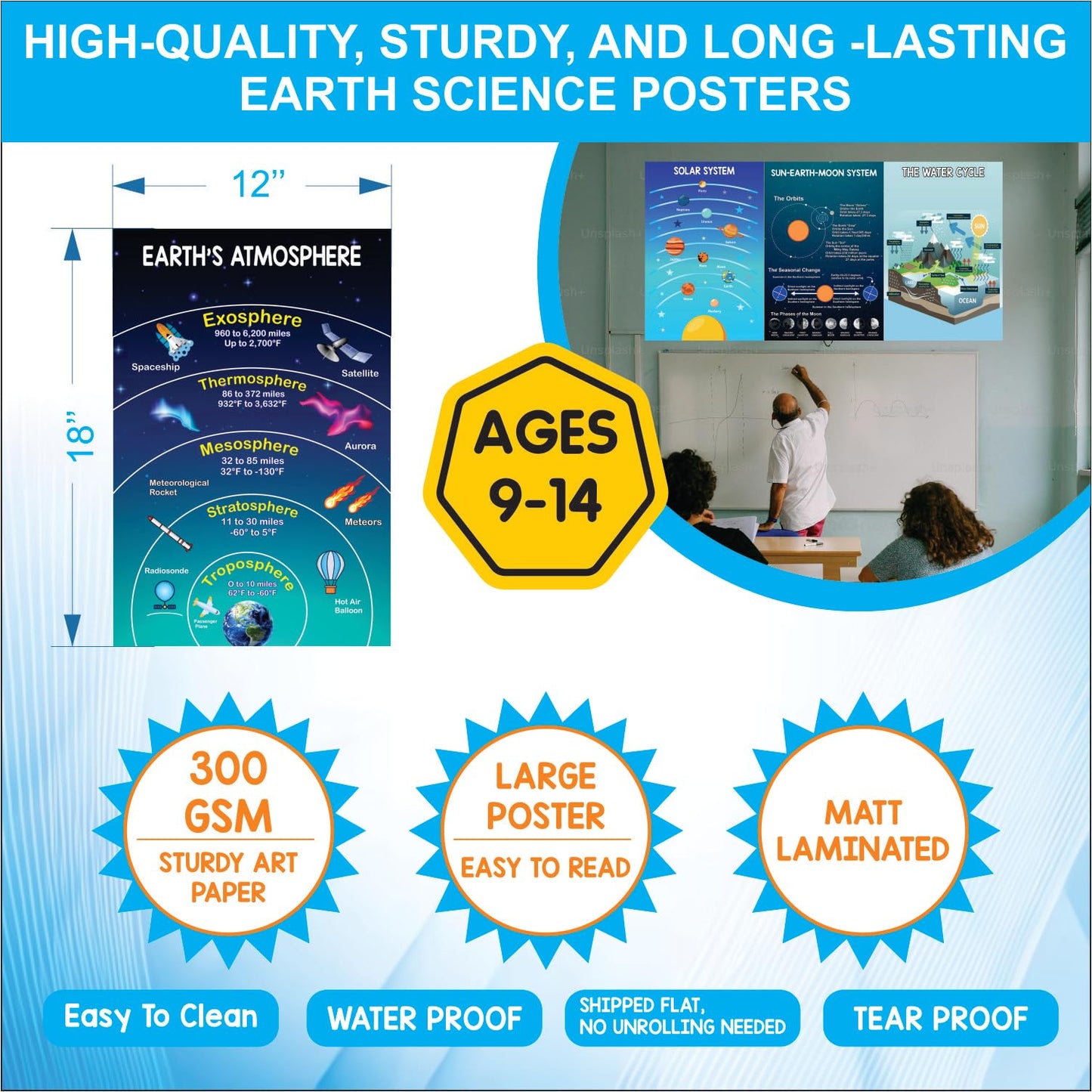 Gimly 10 Educational Earth Science Posters for Classroom Middle School, 11x17 inches 350 GSM Matte Laminated Solar System Decorations for Classroom - School Hallways, Bulletin Boards, Home Study Wall (unframed)