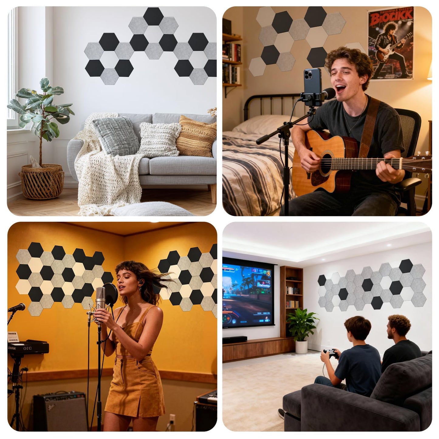 TOMAIX 24 Pack Hexagon Panel, 12"X10"X 0.4"Black, White and Gray Hexagon Self Adhesive Soundproof Wall Panels, High-Density Sound Absorbing Panels, Acoustic Treatment Panels