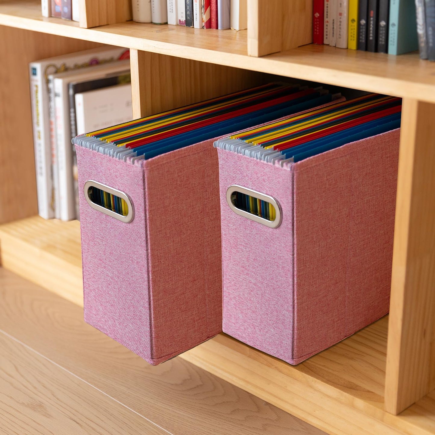 ComfortKeeper 4 Packs Letter Size File Organizer, File Folders Organizer, Fabric Storage Box, Collapsible Paper Organizer with Metal Handle, Smooth PVC Rails, Only Box (Pink)
