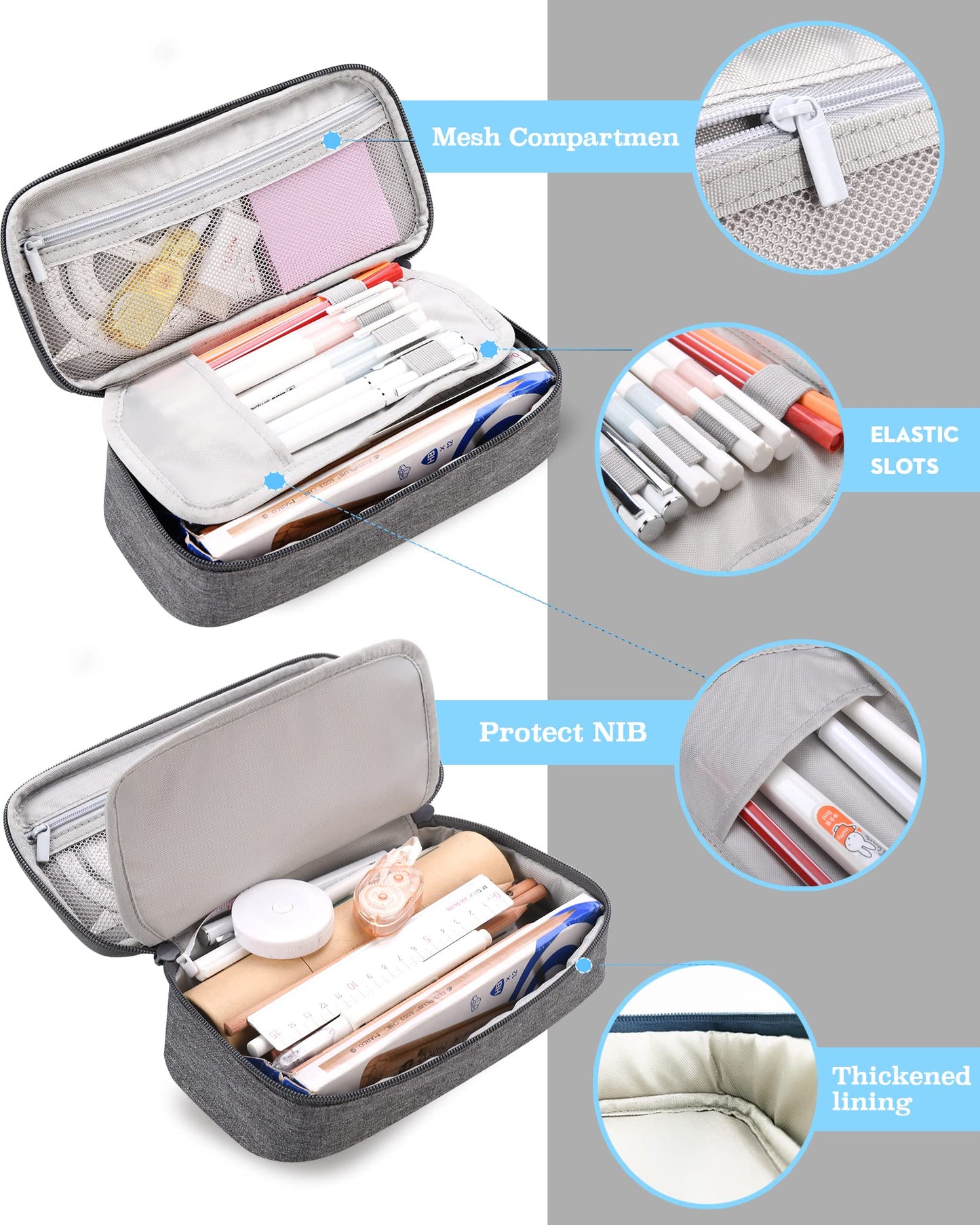 YOKUMA Pencil Case,Large Capacity Pencil Pouch,Aesthetic Zipper Pencil Box, Back to School Supplies for College Students Teen Adults,Travel Essentials,Electronic Cable Organize (Grey)