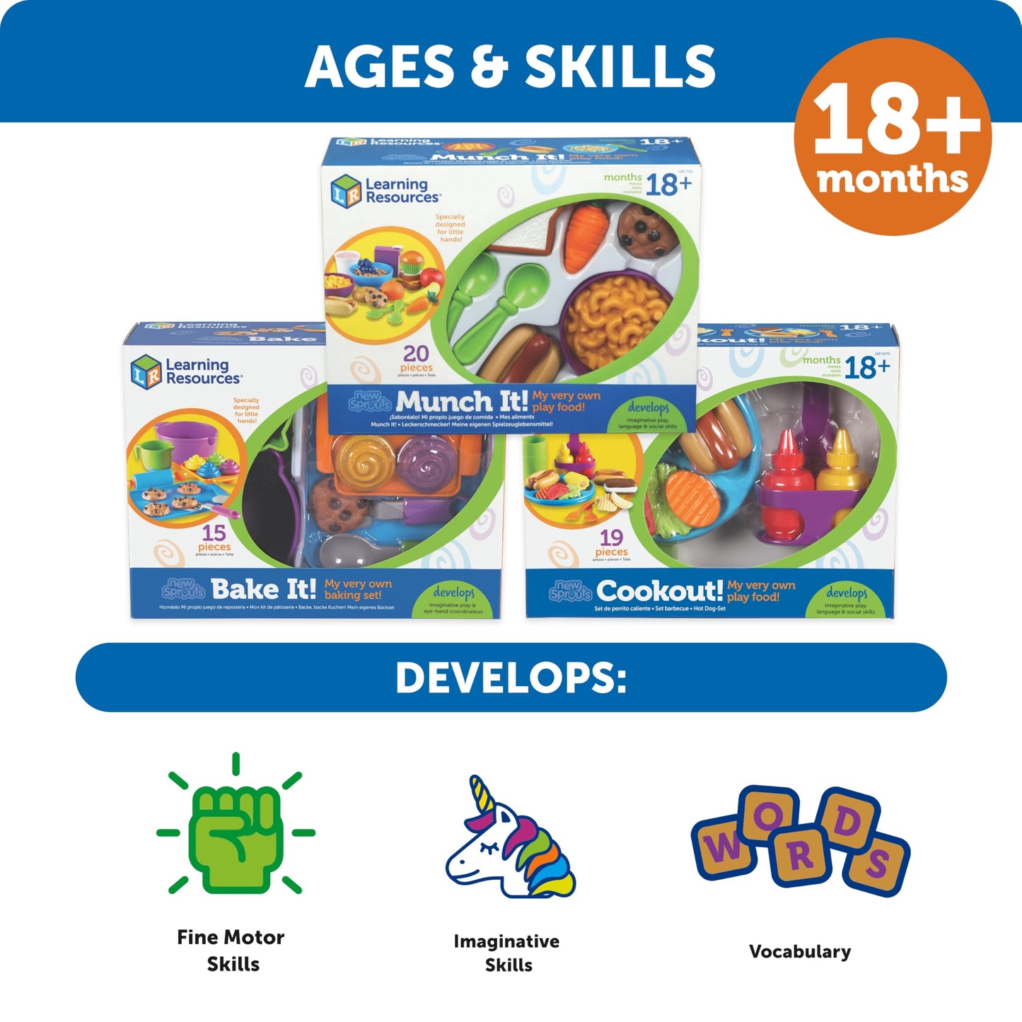 Learning Resources New Sprouts Munch It Food Set - Play Kitchen Accessories, Pretend Toys, Pretend Play Food Toys, Kids Kitchen Set, Grocery Playset, Toddler Learning Toys, Montessori Cooking