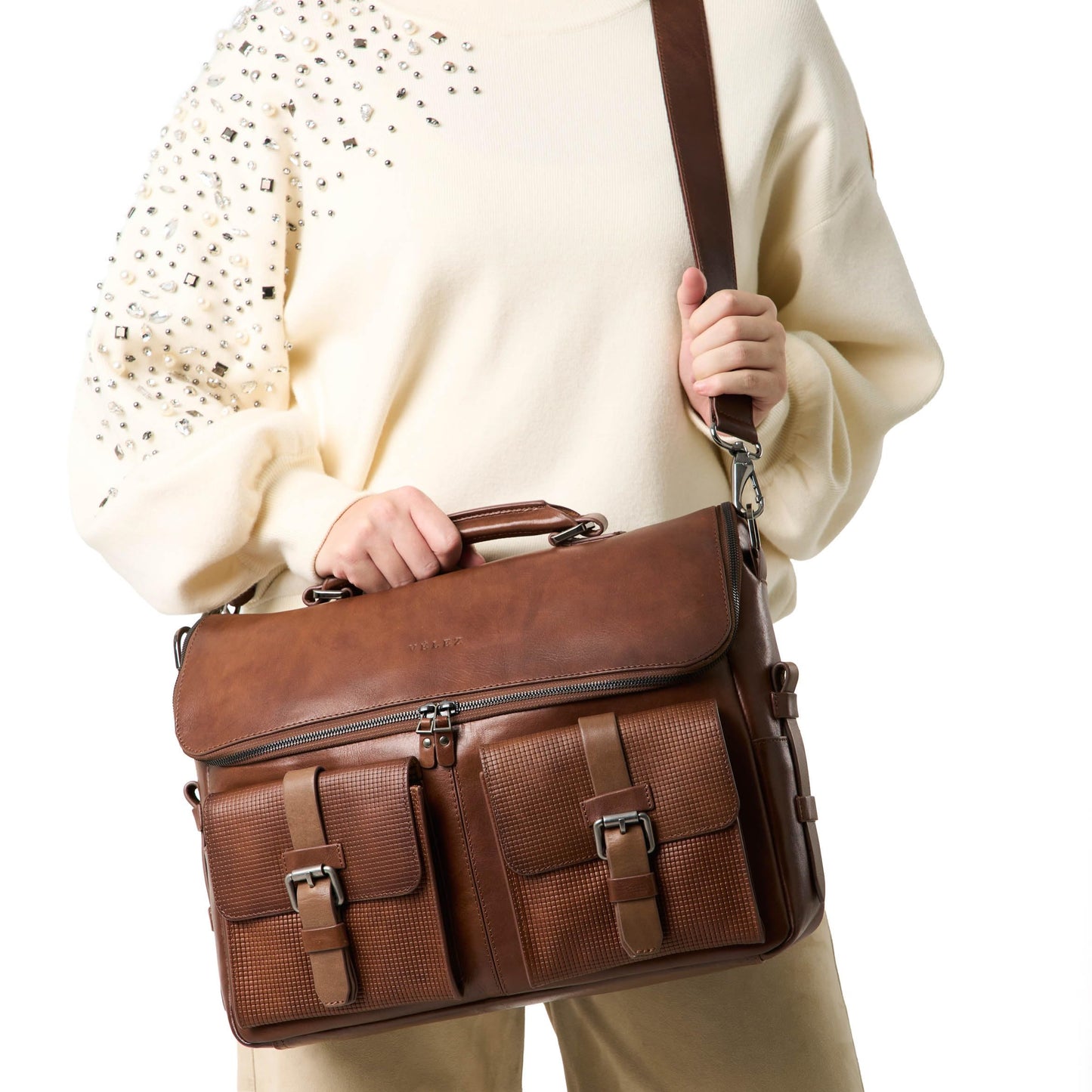 VELEZ Tan Full Grain Leather Messenger Bag for Men - 15" Laptop Briefcase - Mens Vintage Business Crossbody Computer Bags