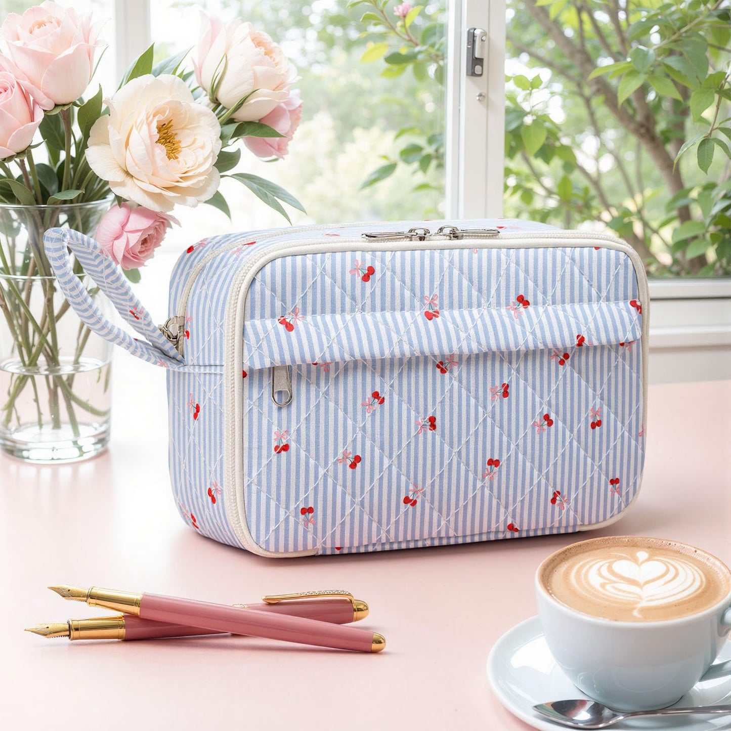 WOBAGMEN Quilted Pencil Pouch for Girls Women, Large Pencil Case Pouch with Compartments Cute Aesthetic Pencil Case Organizer, Floral Pencil Bag for School Supplies (Striped Cherry)