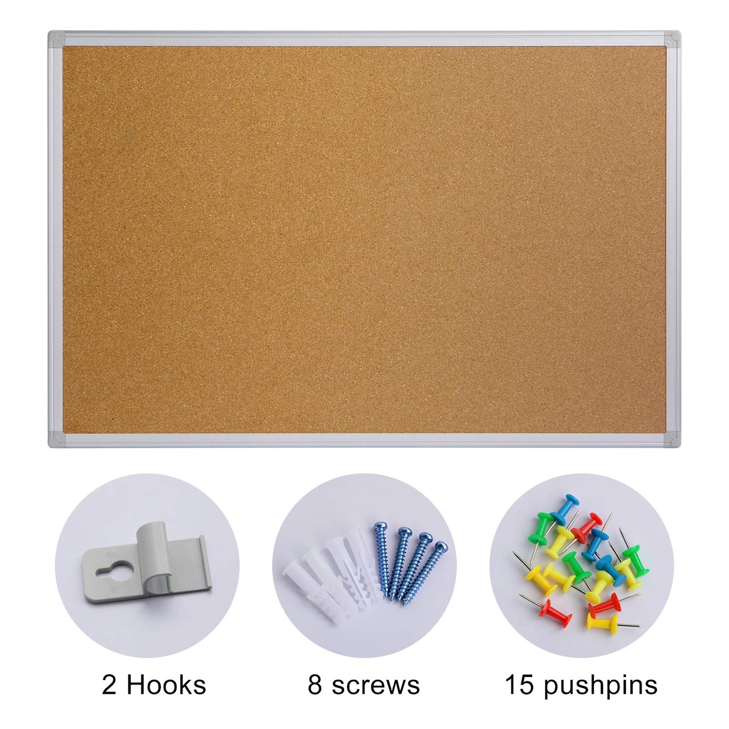 Board2by Large Cork Board Bulletin Board 48 x 36, Silver Aluminium Framed 4x3 Corkboard, Office Board for Wall Cork, Wall Mounted Notice Pin Board with 15 Push Pins for School, Home & Office