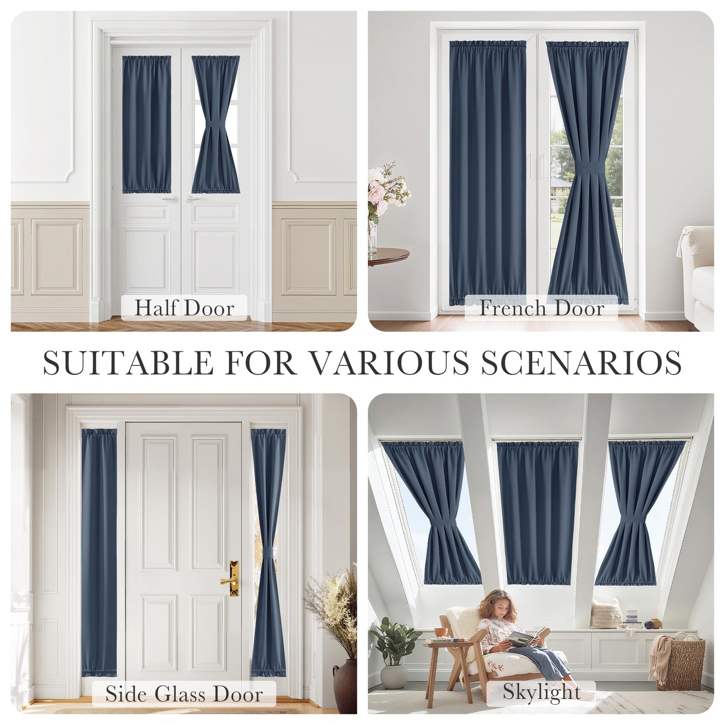 PONY DANCE Stone Blue Back Door Curtains for Door Window, 100% Blackout Dual Rod Pocket Privacy French Curtain for Kitchen, Thermal Insulated Small Window Drapes for Classroom, W25 x L40, 1 Panel