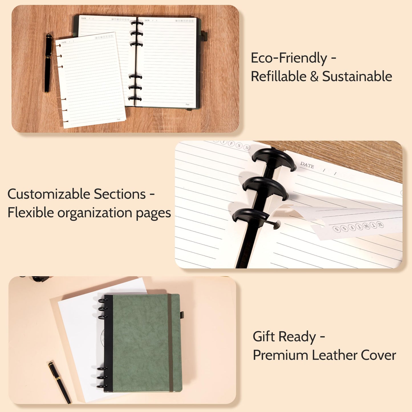 Yoment Refillable Notebooks for Work 5 Subject with Removable Dividers Tabs 240 Pages Hardcover Leather Journals for Writing Large Discbound Planner Colleged Ruled Paper for Women Men 8.58 x 11,Green