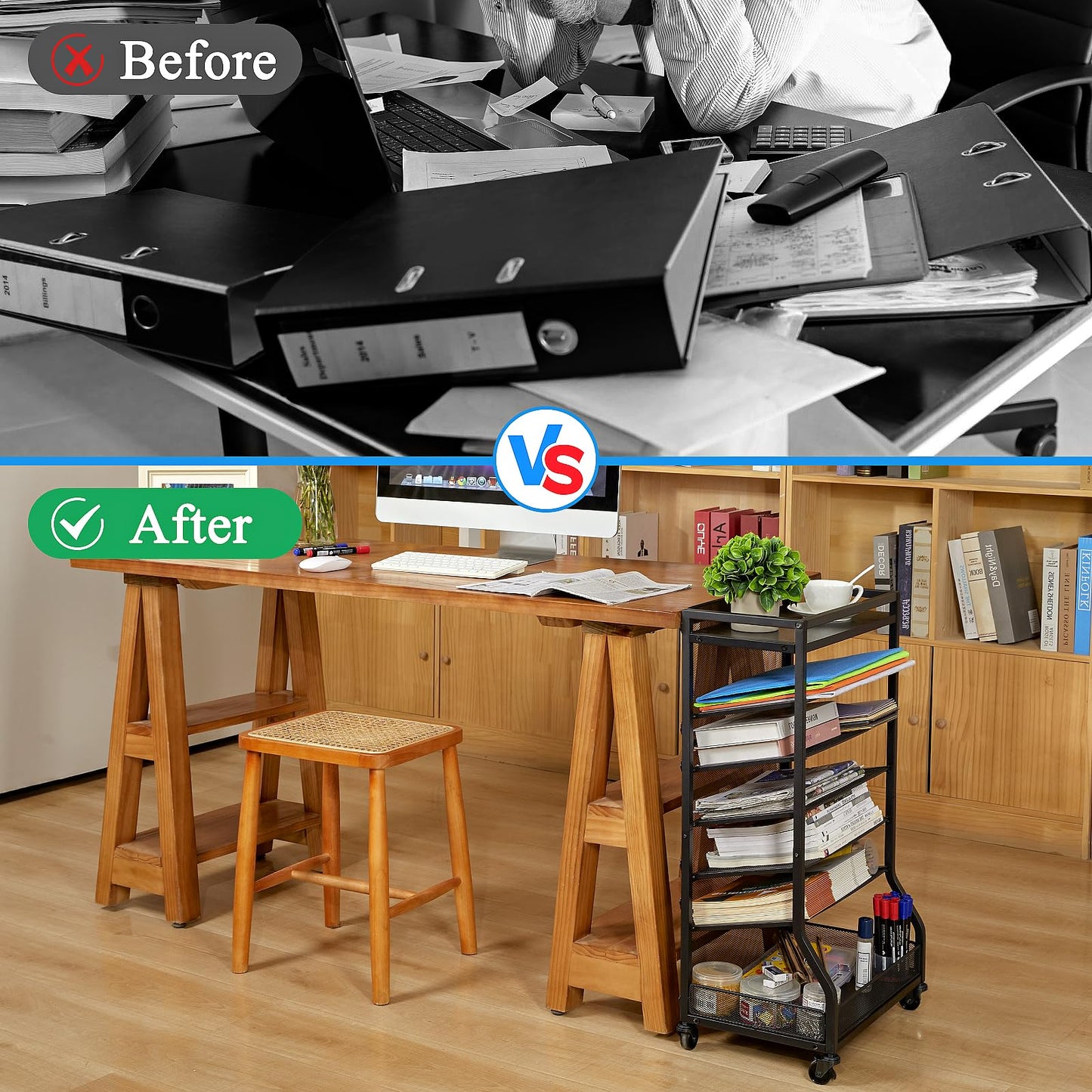 ThreeHio 7 Tier Rolling File Cart with Sliding Trays, Wood Metal File Organizer Beside Desk, Free-Standing File Holder, Paper Letter Tray Organizer Mesh Desk Organizer for Home Office School (Patent)