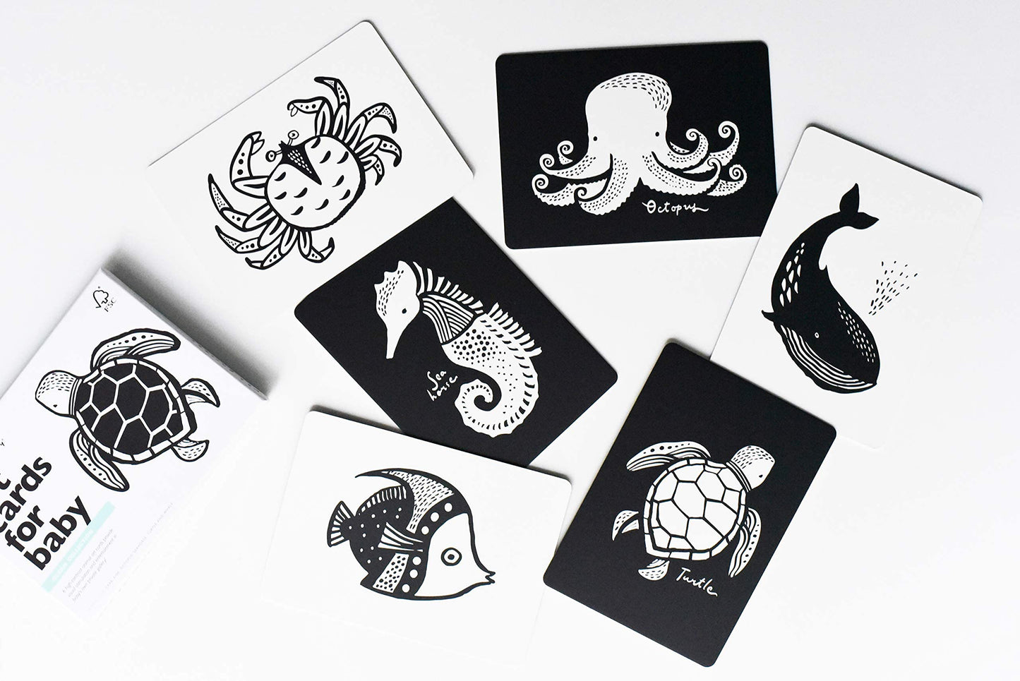 Wee Gallery High Contrast Baby Cards - Black and White Cards for Newborns, 6 to 12 Months Baby Flash Cards, Tummy Time and Visual Stimulation Art Cards - Ocean Animals