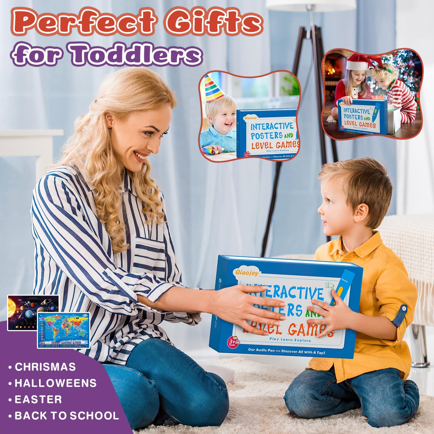 Qiaojoy Bilingual Interactive World Map for Kids Learning and Educational Toys, Talking Electronic Kids World Map i-Poster Geography Games Ages 3 to 12 Years Old, Custom Talking Birthday Gifts Card