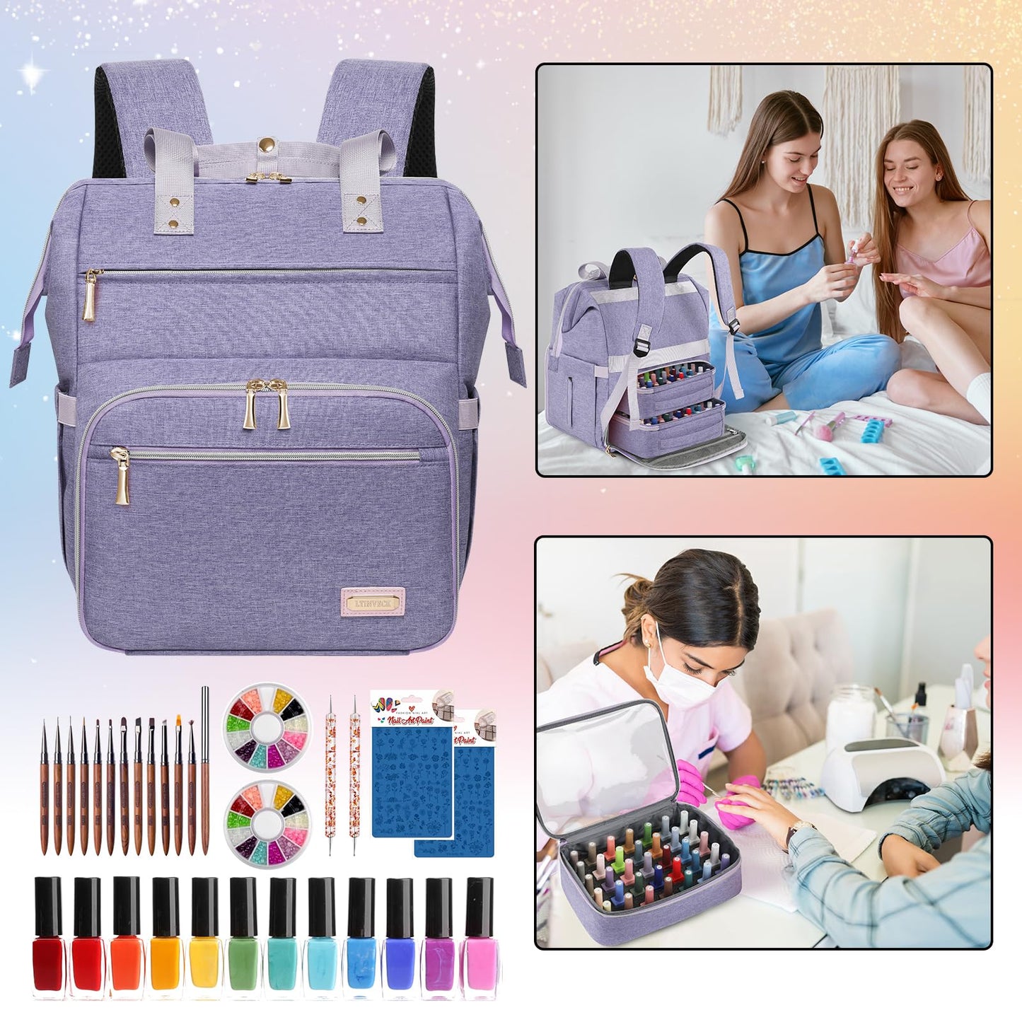 Nail Polish Organizer Case Backpack Holds 70 Bottles (15ml/0.5fl.oz) & Nail Lamp, 2 Layers Detachable Nail Kit Storage Case, Large Travel Nail Supplies Shoulder Bag for Manicure Tools (Purple)
