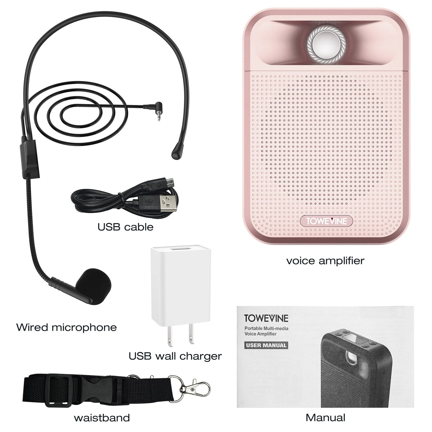 Voice Amplifier, Towevine Rechargeable Microphone for Teachers, Portable Speaker with Headset and Waistband for Classroom, Singing, Coach, Training, Presentation, Tour Guide (Pink)