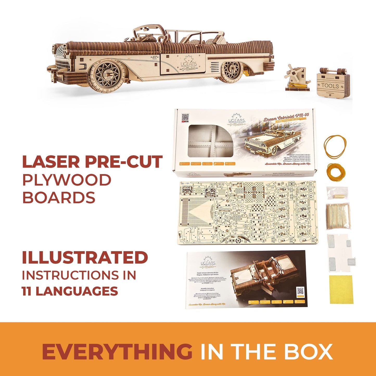 UGEARS Dream Cabriolet VM-05 Wooden 3D Puzzles for Adults - 3D Wooden Puzzles for Adults - Mechanical Model Car Kit - Retro 1950s Inspired DIY Craft, 3D Puzzle