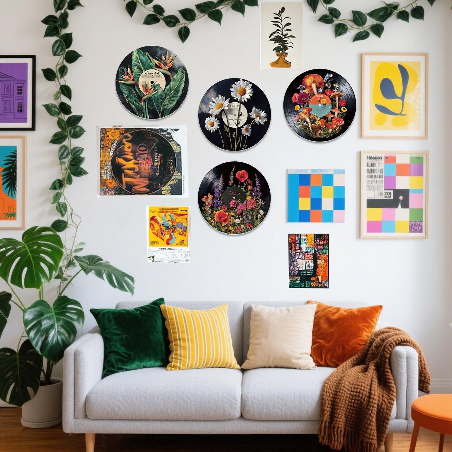 DOODLREAM 4PCS Botanical Vinyl Record Wall Decor 12" Hippy Plant Leaf Wall Art Posters for Room Aesthetic, Mushroom Daisy Flower Retro Record Decor for Music Party Studio Living Room DIY Craft Project