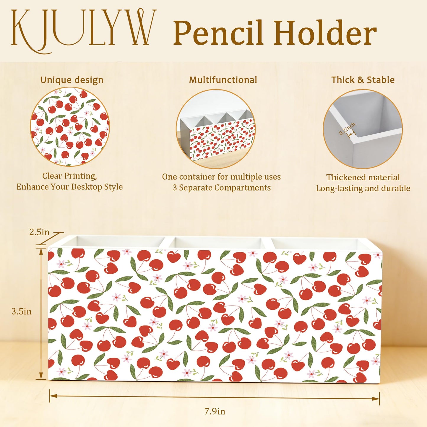 KJULYW Cute Cherry Pen Holder for Desk, Cherry Gifts for Women, Girly Aesthetic Cherries Floral Wooden Box Pencil Pen Holder Organizer for Home Office Desk Accessories