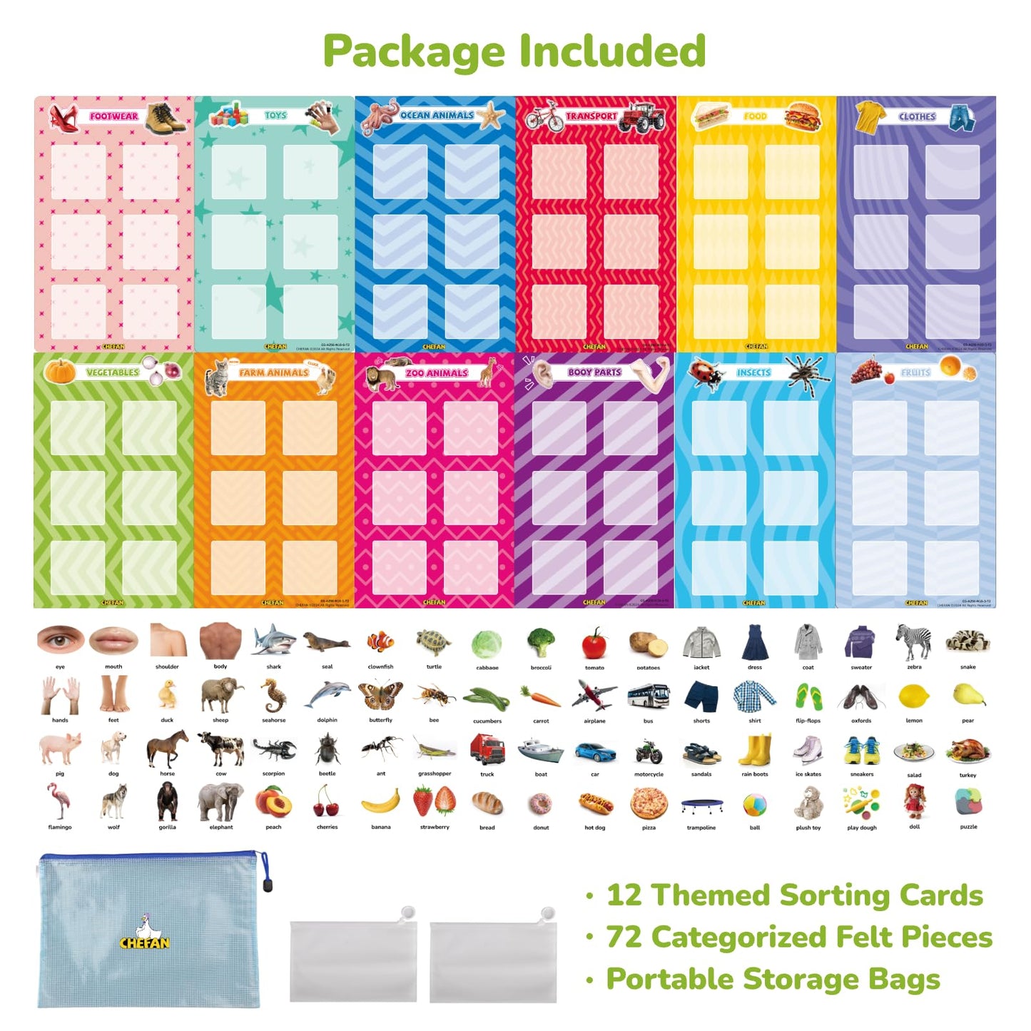 CHEFAN Sorting Toy for Toddlers 3-5, 72 PCS Preschool Learning Activities with 12 Themes, Fine Motor Skills Matching Game, Montessori Categorizing Educational Toy for Speech Therapy Autism Learning