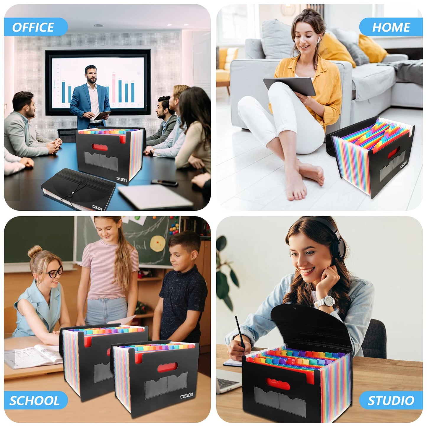 2 Pack Accordian File Organizer, Expanding File Folder 24 Pockets with Expandable Cover A4 Letter Size File Box, Portable Document Organizer - Black