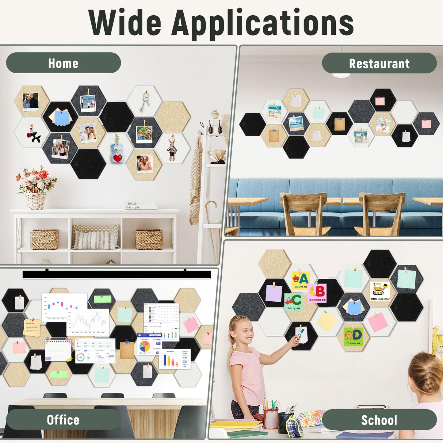 16Pcs Hexagon Felt Cork Board Tiles Self Adhesive Hexagon Wall Tiles with 60 Push Pins 20 Wooden Clips DIY Bulletin Board Pin Boards for School Office Home Photos Memos Display (Black Grey)