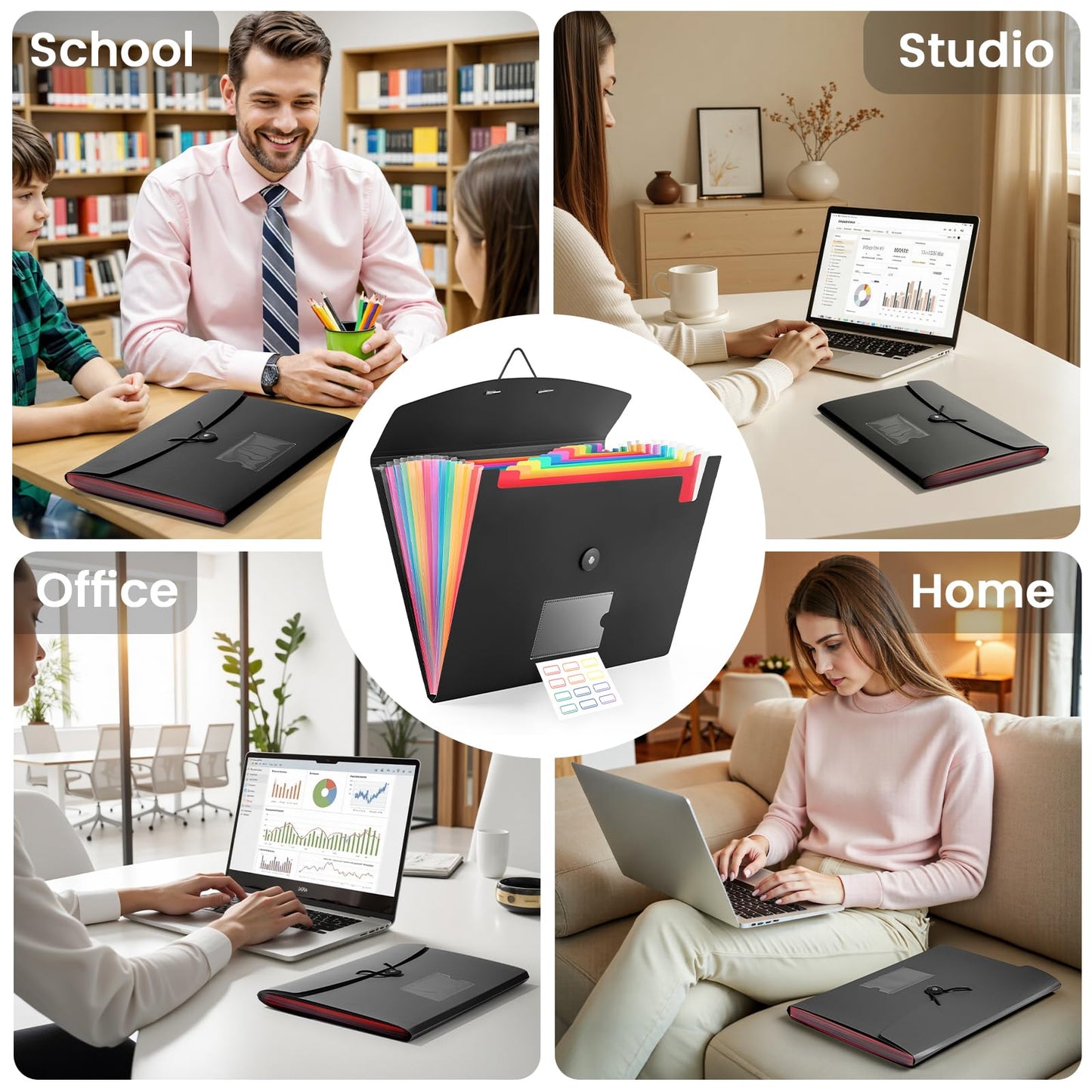 2-Pack 13-Pocket Expanding File Folder, Accordion File Organizer with Labels, Fits Letter Size & A4 Paper, for Home Office School College Supplies