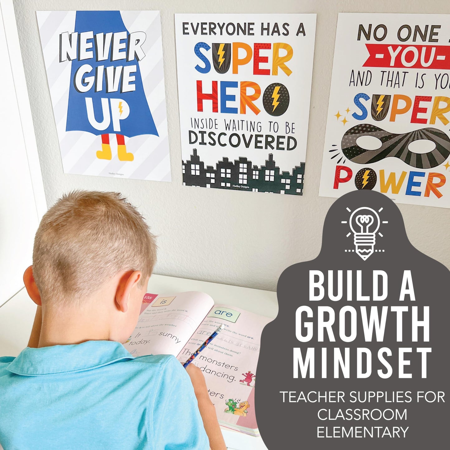 Hadley Designs Motivational Poster for Classroom Decor - 9 Growth Mindset Classroom Posters Elementary, Inspirational Wall Decor Middle School, Teacher Must Haves, Superhero Bulletin Board Decorations