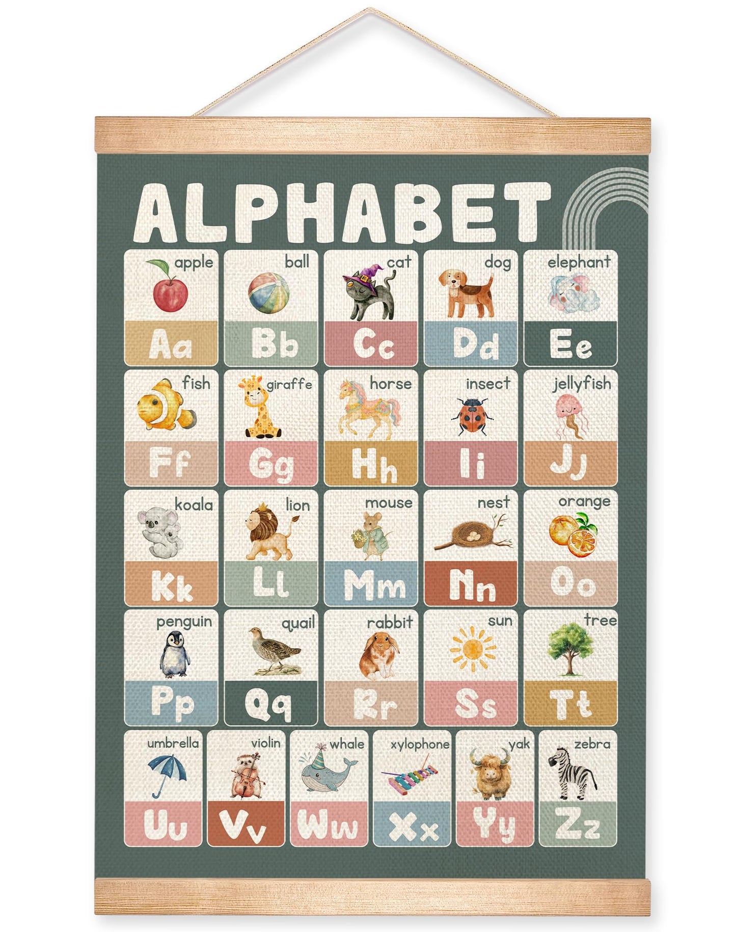 Educational Alphabet Chart Wall Art, 18.5x14Inch Colourful Alphabet Canvas Print Poster with Wooden Hanger, Classroom Learning Posters, A-Z Letters Wall Art Decor for Nursery,Playroom and Home School