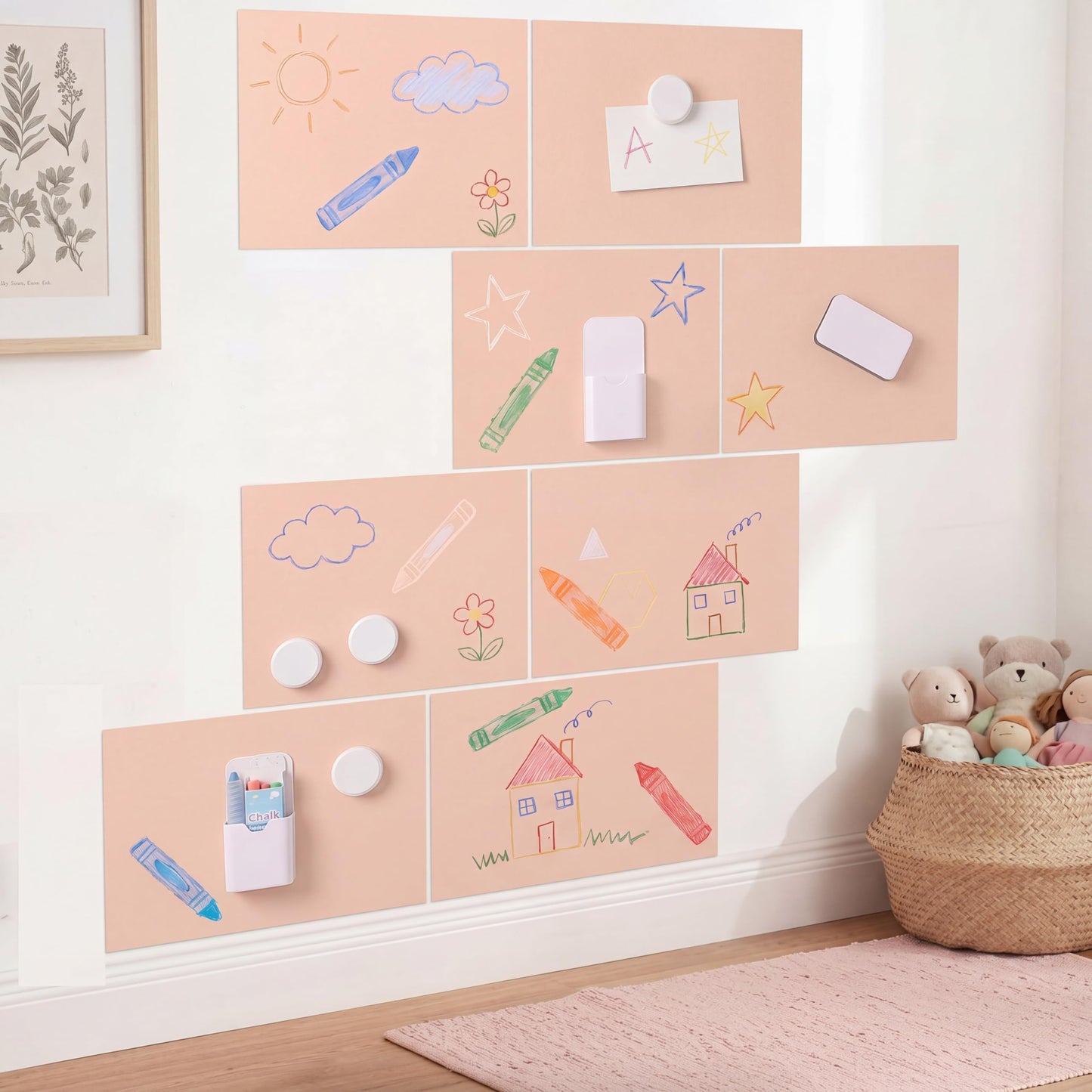 Poola Voidra 40" x 24" Magnetic Wall Decal, 8 Pcs Peel and Stick Magnetic Contact Paper with Chalk Eraser and Magnet Storage Boxes, Drawing Modular Board for Playroom Classroom Home(Pink)