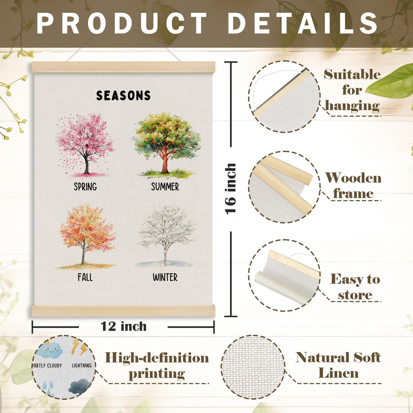 MOTERMATE Weather Four Seasons Educational Poster Hanger Frame, Nursery Wall Hanging Decor Art Framed for Kids Room Bedroom Playroom Classroom, Kids Nursery Wall Poster Prints, 12x16 Inch Set of 2