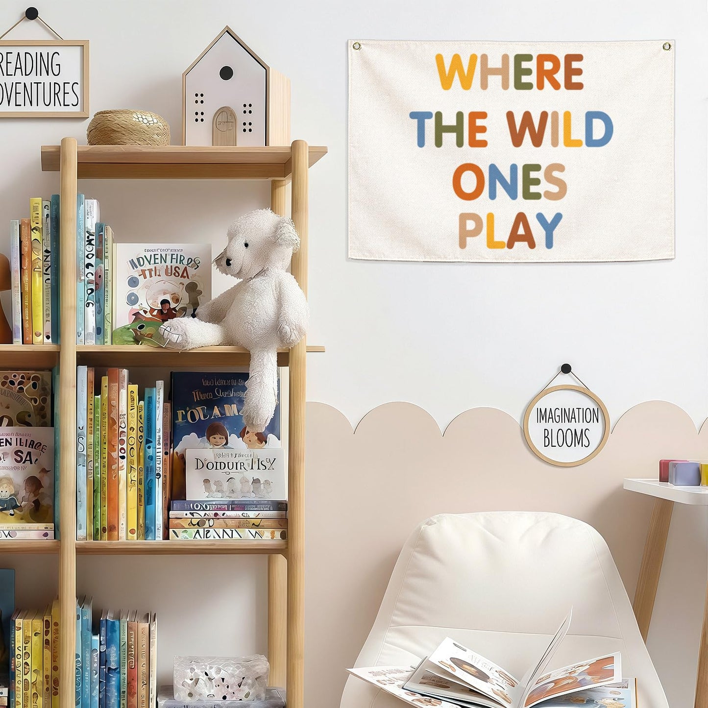 Nursery Rectangular Canvas Banner Flag-Where The Wild Ones Play Wall Sign Decor for Bedroom Playroom Babyroom Outdoor,Baby Shower Baptism Christmas Gift for Baby Boys Girls Kids-28.5"L×20"W