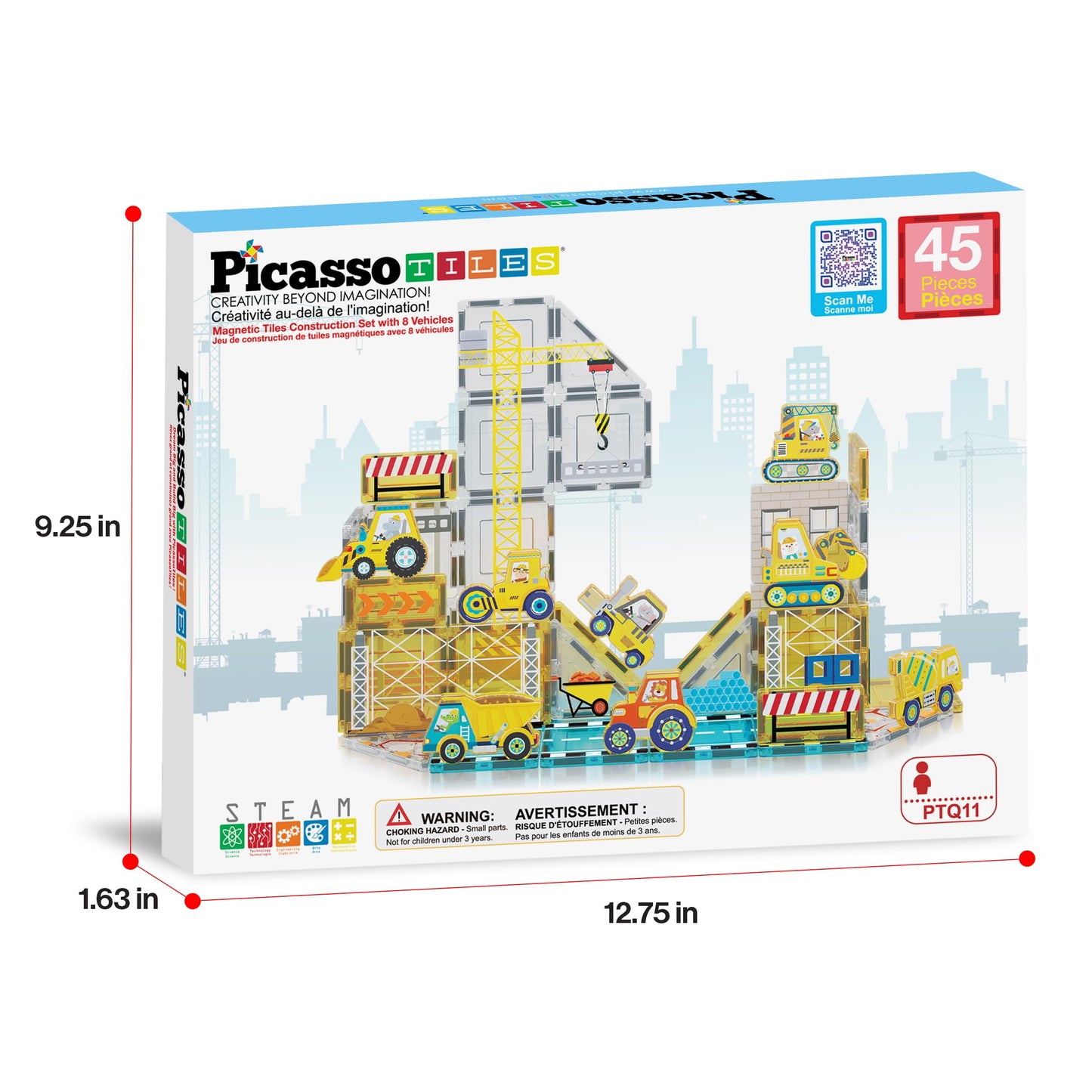 PicassoTiles Magnet Tiles Magnetic Building Blocks with 8 Construction Vehicles Crank Truck Excavator Bulldozer Road Roller Concrete Mixer Tractor Dump Truck Forklift Toys Learning Kids Ages 3+ PTQ11