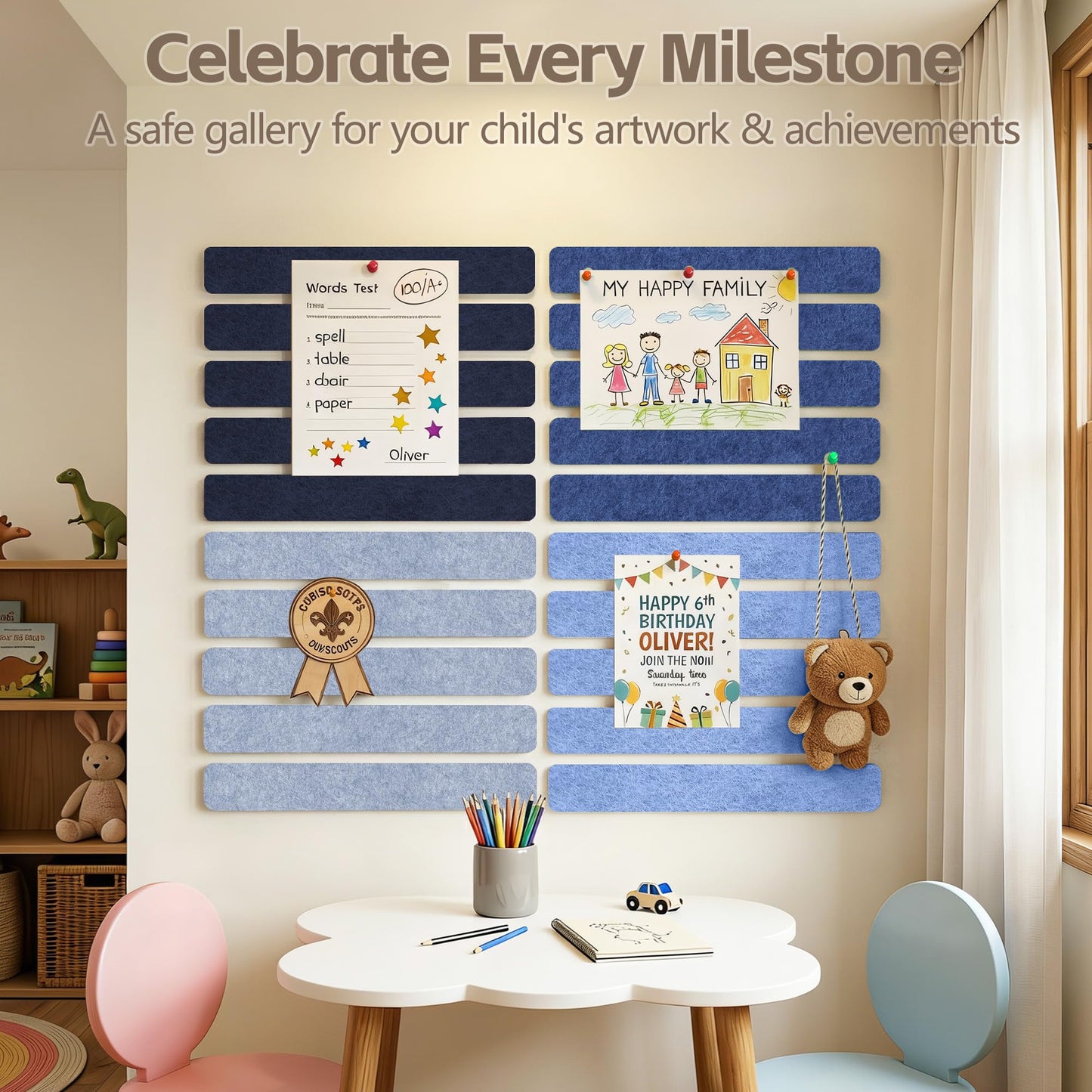 GoTiling Cork Board for Walls - 8 Pack Felt Pin Board Bar Strips - Self-Adhesive Lightweight Bulletin Board - Cork Board for Office with 40 Push Pins No Damage for Wall
