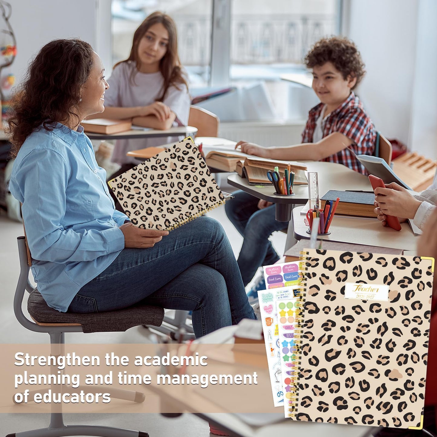 Teacher Planner 2026-2027, Jul 2026-Jun 2027 Academic Year, 8.5" x 11" Lesson Planner Book for Teacher Calendar, Spiral Bound Planners, Planning Stickers, Colorful Monthly Tabs, Leopard
