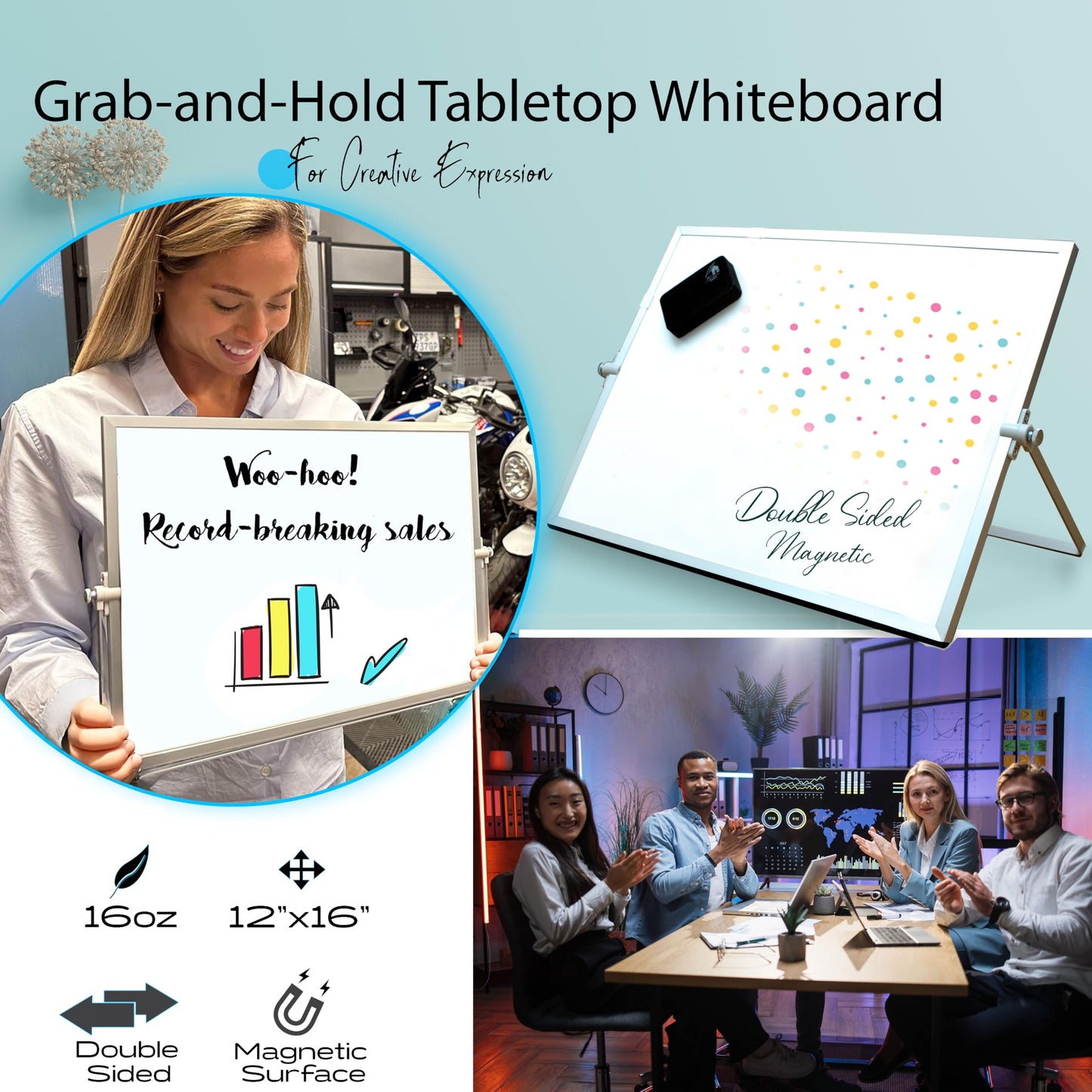12x16 Magnetic Dry Erase Whiteboard with Stand – Double-Sided Desktop Board, 10 Markers, 4 Magnets & Eraser – Black Frame | LULU OFFICE