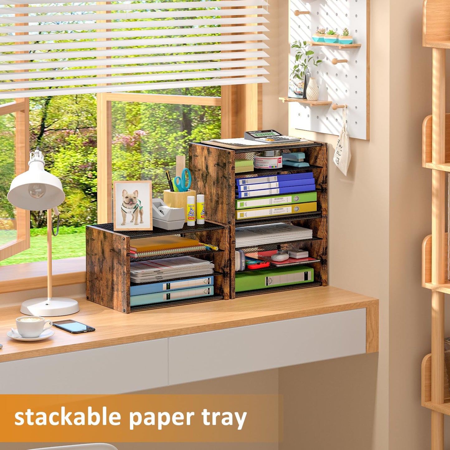 DAOUTIME 3-Tier Paper Letter Tray, Wooden Desk File Organizer, Stackable Metal Mesh Desk Organizer for Office Supplies. Small Paper Trays for Home Office School, Rustic Brown