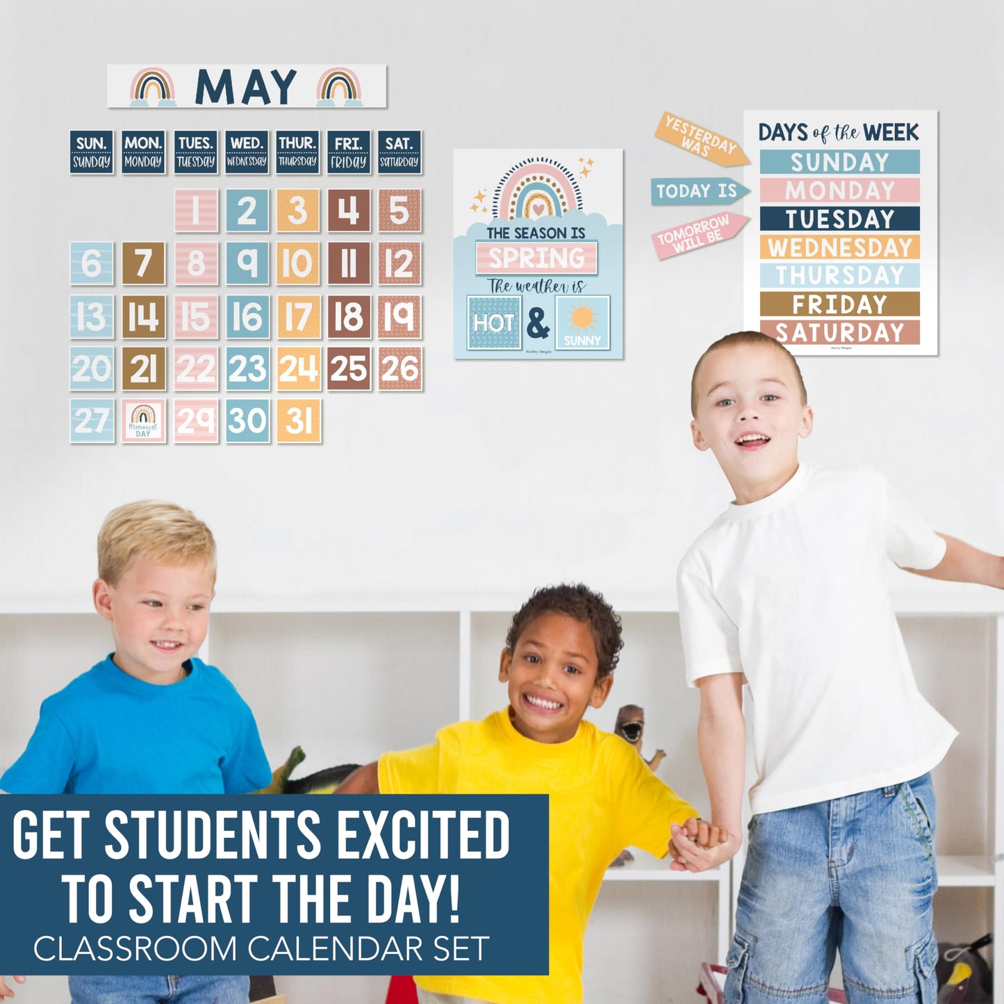 Hadley Designs Classroom Calendar Set Bulletin Board Decorations - Boho School Calendar for Classroom Decor, Kindergarten Preschool Elementary Teacher Must Haves, Homeschool & Daycare Essentials