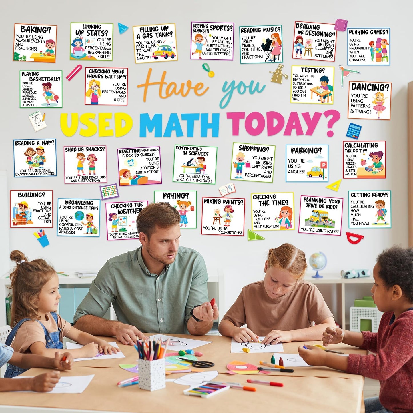 gisgfim Everyday Math Bulletin Board Set Classroom Decoration Mathematics in Daily Life Paper Cutout for Back to School Have You Used Math Today Educational Wall Chalkboard Decor Teacher Supply