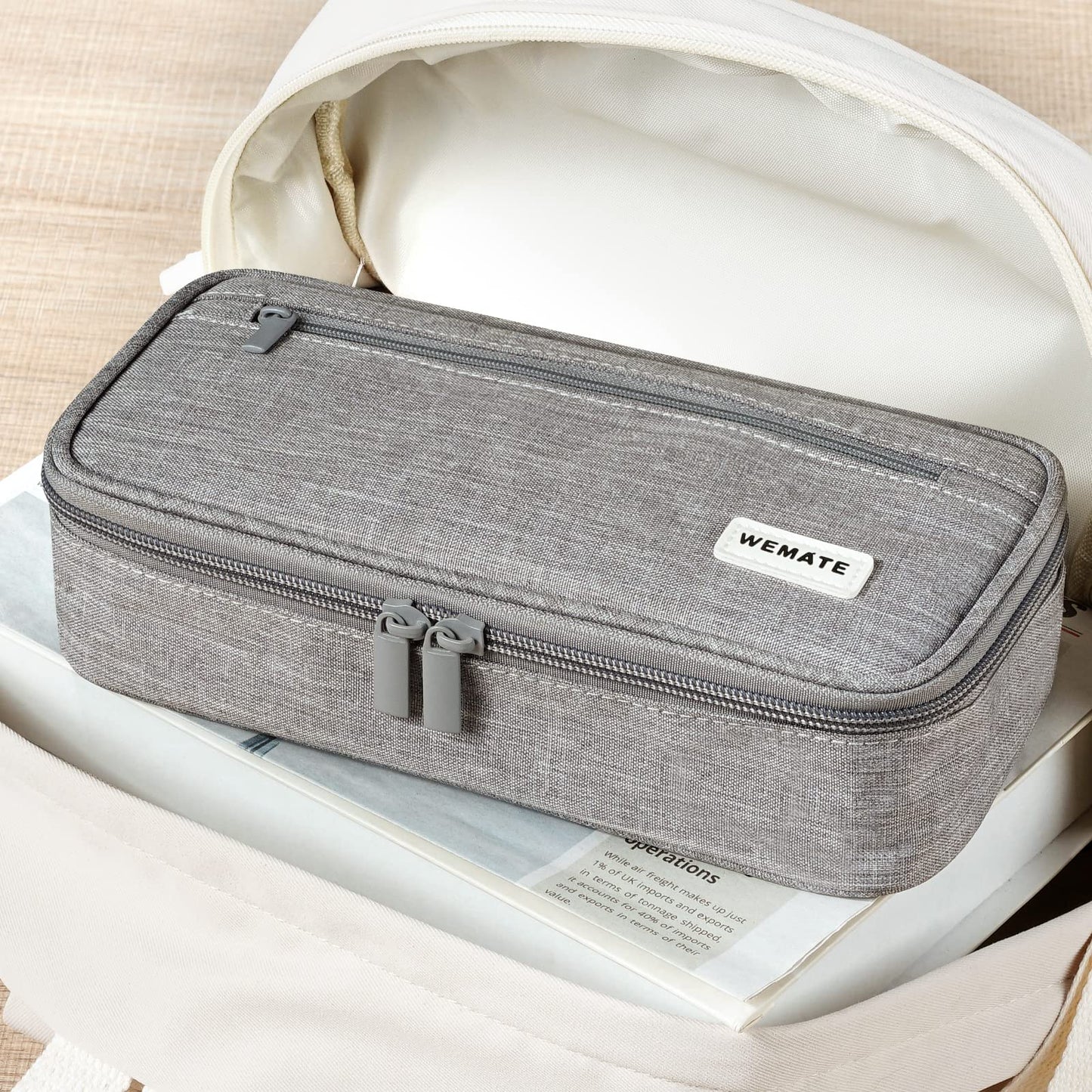 WEMATE Large Pencil Case Aesthetic,Big Capacity Canvas Pencil Pouch with Zipper, Pencil Case for Women & Men, Marker Pen Case,Portable Pencil Bag for Office Light Grey