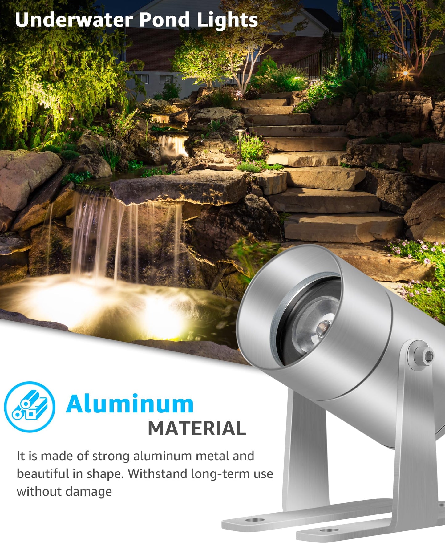 SUNVIE LED Underwater Pond Lights, 3W Submersible Fountain Lights, IP68 Waterproof, Silver