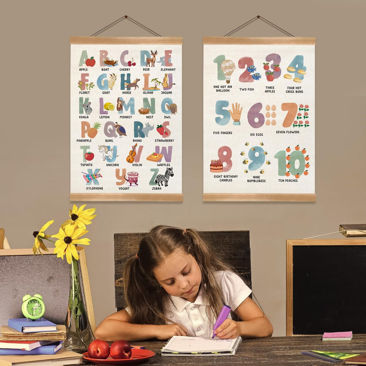 ZTGDA Cute Alphabet Numbers Poster Set of 2, Alphabet Numbers Wall Art, ABC Banner Poster, Wall Hanging Decor for Toddler Room Playroom Nursery Wall Classroom Decor 12x16In(ABC+123)
