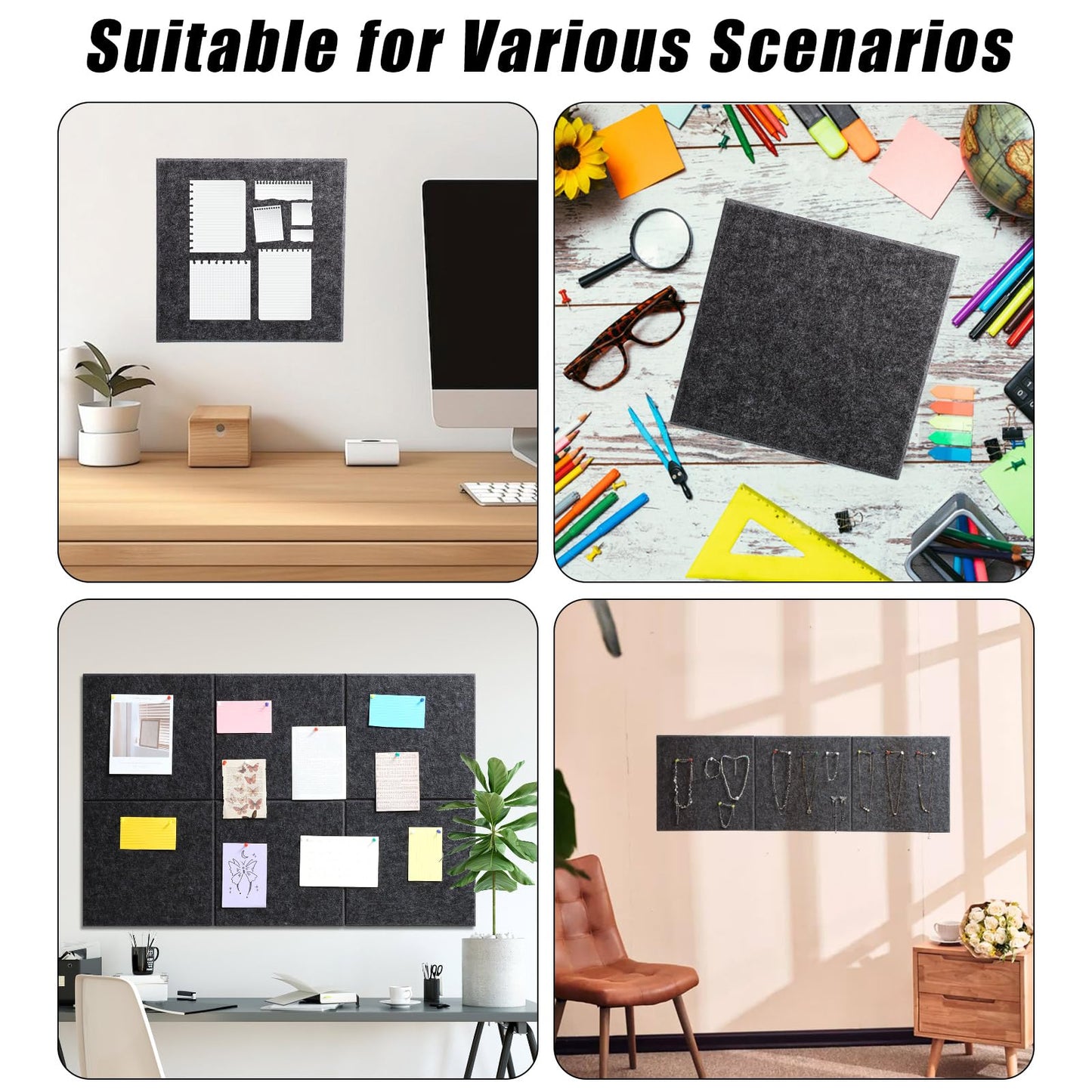 Large Cork Board 36" x 24", 6 Pack Felt Bulletin Board with 30 Pushpins, Cork Boards Alternative with Self-Adhesive Strips, Felt Wall Tiles Pin Boards for Walls Office Home School Decor-Dark Gray