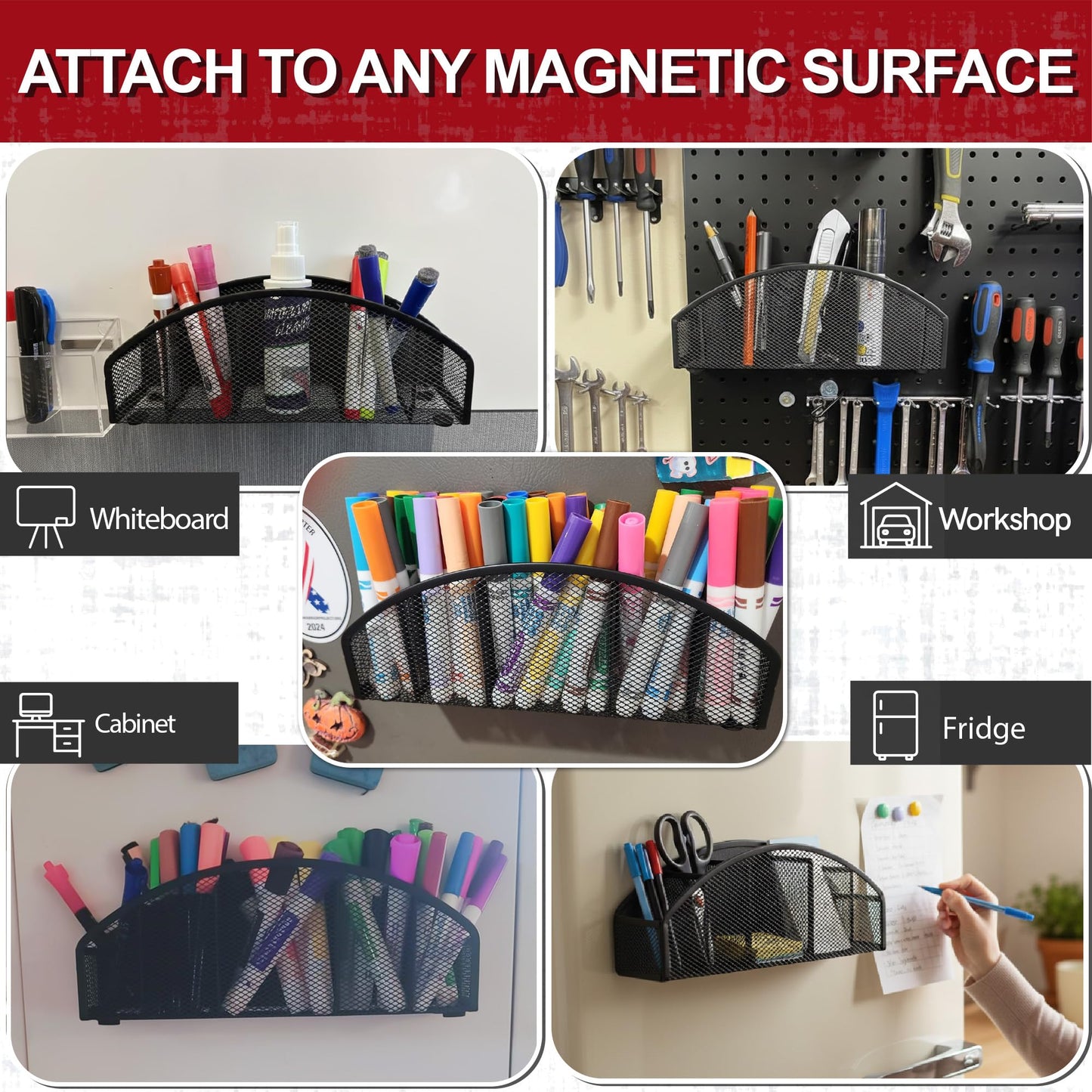 BEILITEMAG Magnetic Dry Erase Marker Holder for Whiteboard, 5 Slots Metal Pen Holder with Strong Magnets, 10inch Large Capacity Storage Basket Organizer for Office, School and Home (Black)