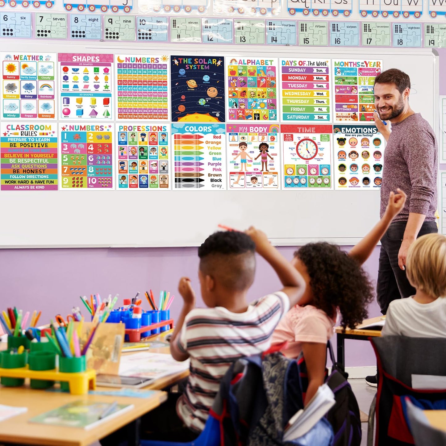 16PCS Classroom Educational Posters - Laminated Educational Posters For Toddlers, 14.7'' x 11.5'' Preschool Learning Posters, Alphabet Number Charts, Kindergarten Classroom Wall Decor, Playroom Homeschool Daycare & Classroom Decor, Kindergarten & Preschoo